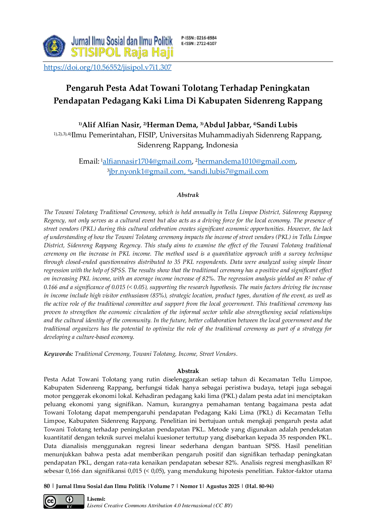 JURIS Pengaruh Pesta Adat Towani Tolotang Terhadap Peningkatan Pendapatan Pedagang Kaki Lima Di Kabupaten Sidenreng Rappang
