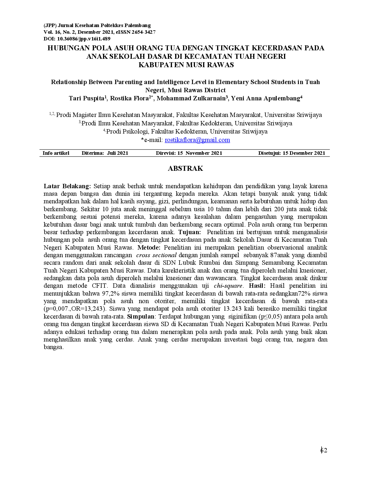 juris Hubungan Pola Asuh Orang Tua dengan Tingkat Kecerdasan pada Anak Sekolah Dasar di Kecamatan Tuah Negeri Kabupaten Musi Rawas