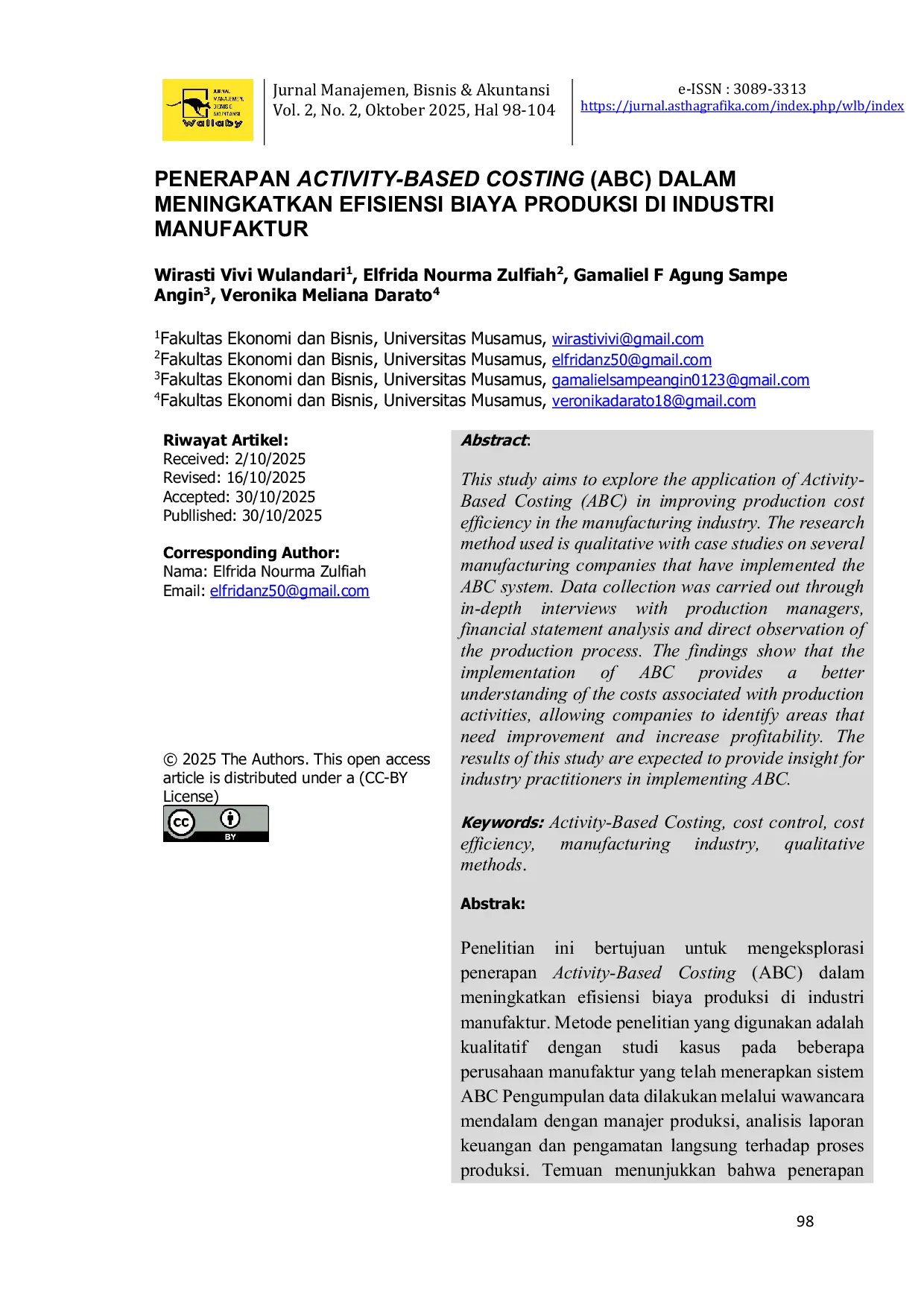 JURIS Penerapan Activity Based Costing ABC Dalam Meningkatkan Efisiensi Biaya Produksi Di Industri Manufaktur