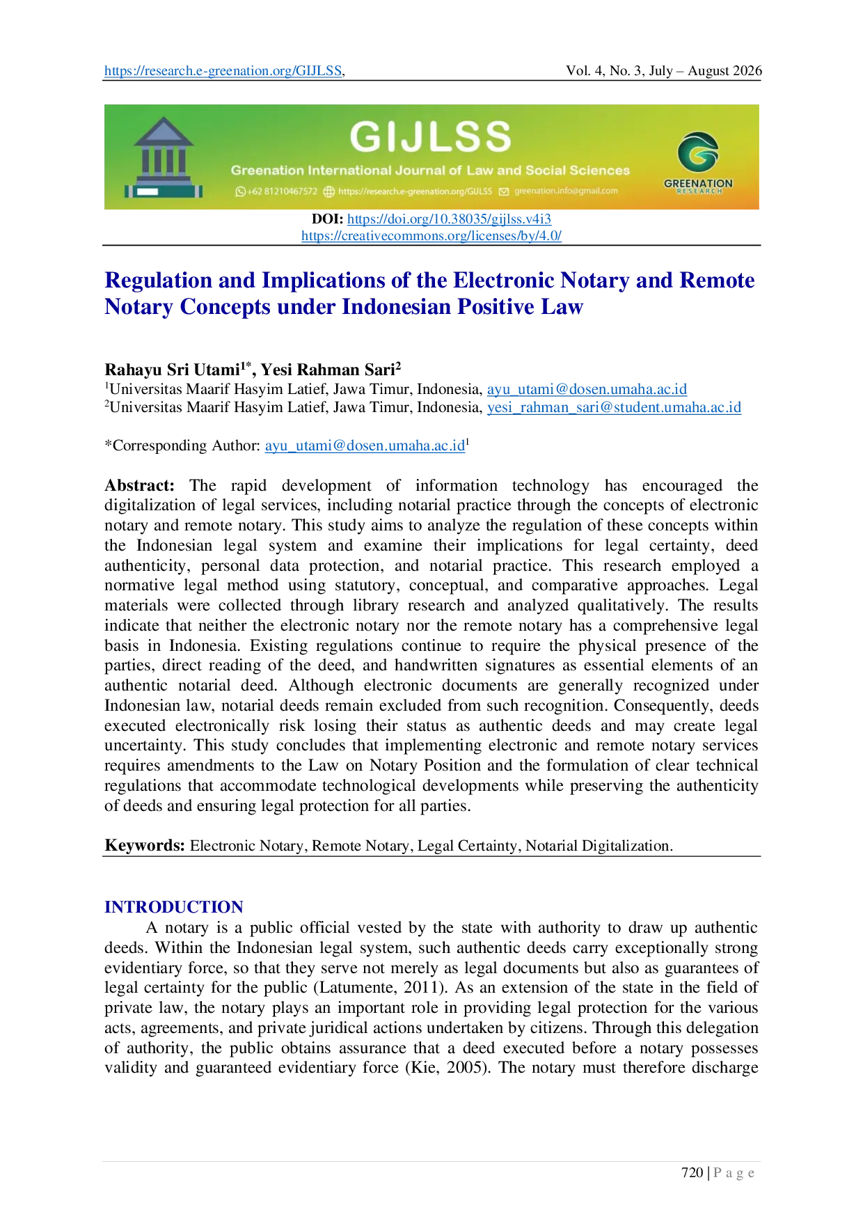 JURIS Regulation and Implications of the Electronic Notary and Remote Notary Concepts under Indonesian Positive Law