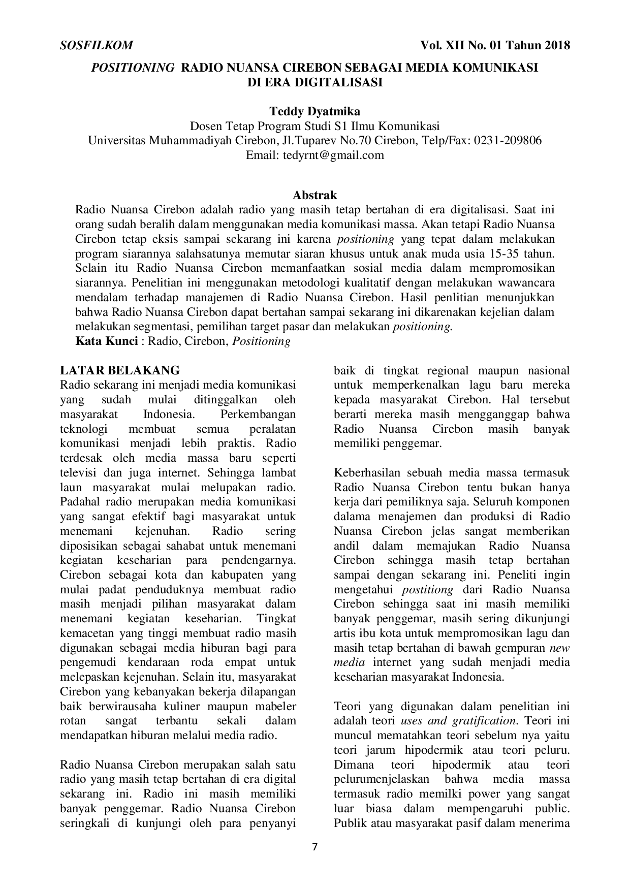 JURIS Positioning Radio Nuansa Cirebon Sebagai Media Komunikasi Di Era Digitalisasi