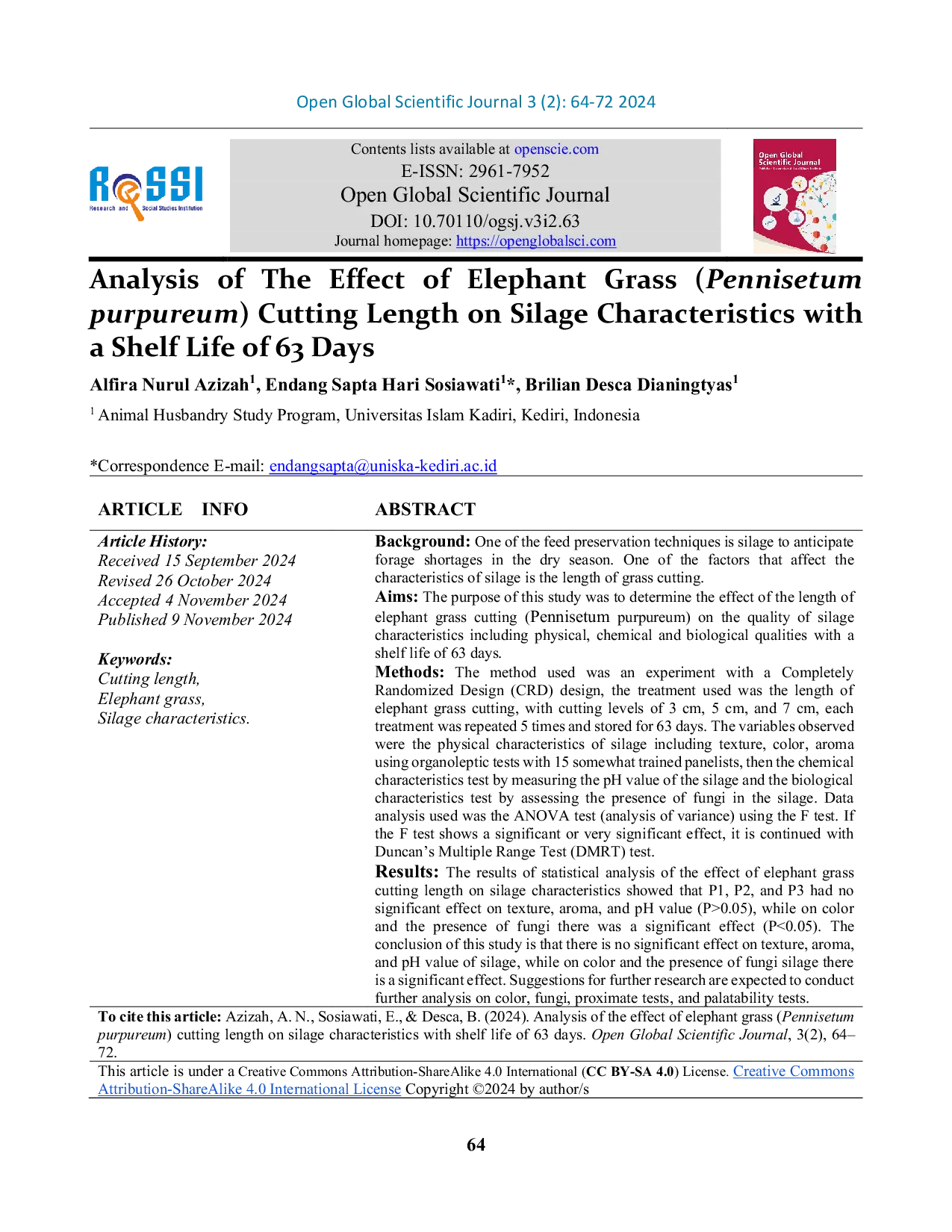 JURIS Analysis of The Effect of Elephant Grass Pennisetum purpureum Cutting Length on Silage Characteristics with a Shelf Life of 63 Days