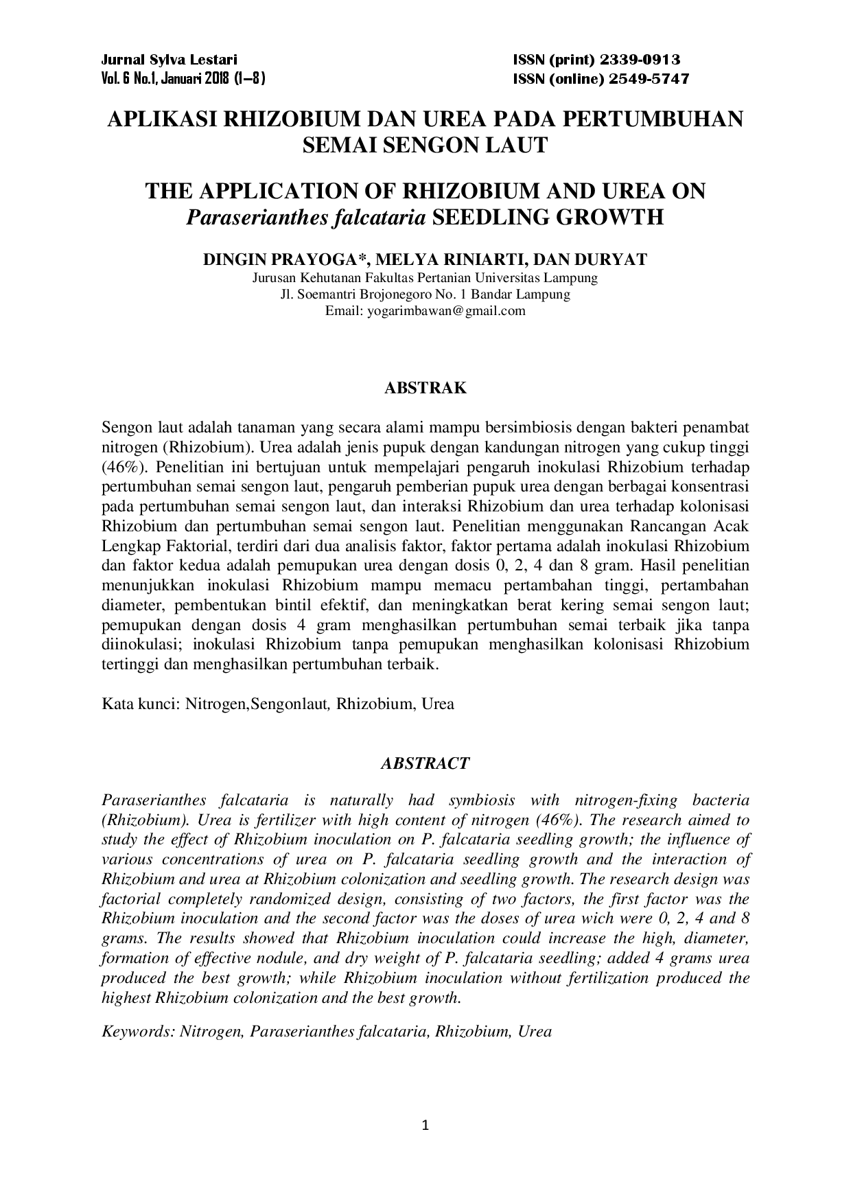 juris Aplikasi Rhizobium dan Urea pada Pertumbuhan Semai Sengon Laut The Application of Rhizobium and Urea on Paraserianthes falcataria Seedling Growth