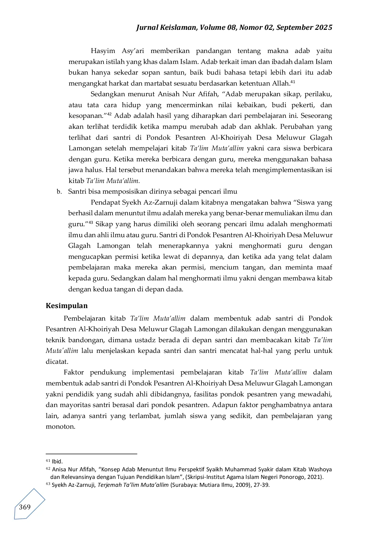 JURIS Implementasi Pembelajaran Kitab Ta lim Muta allim dalam Membentuk Adab Santri di Pondok Pesantren Al Khoiriyah Desa Meluwur Glagah Lamongan