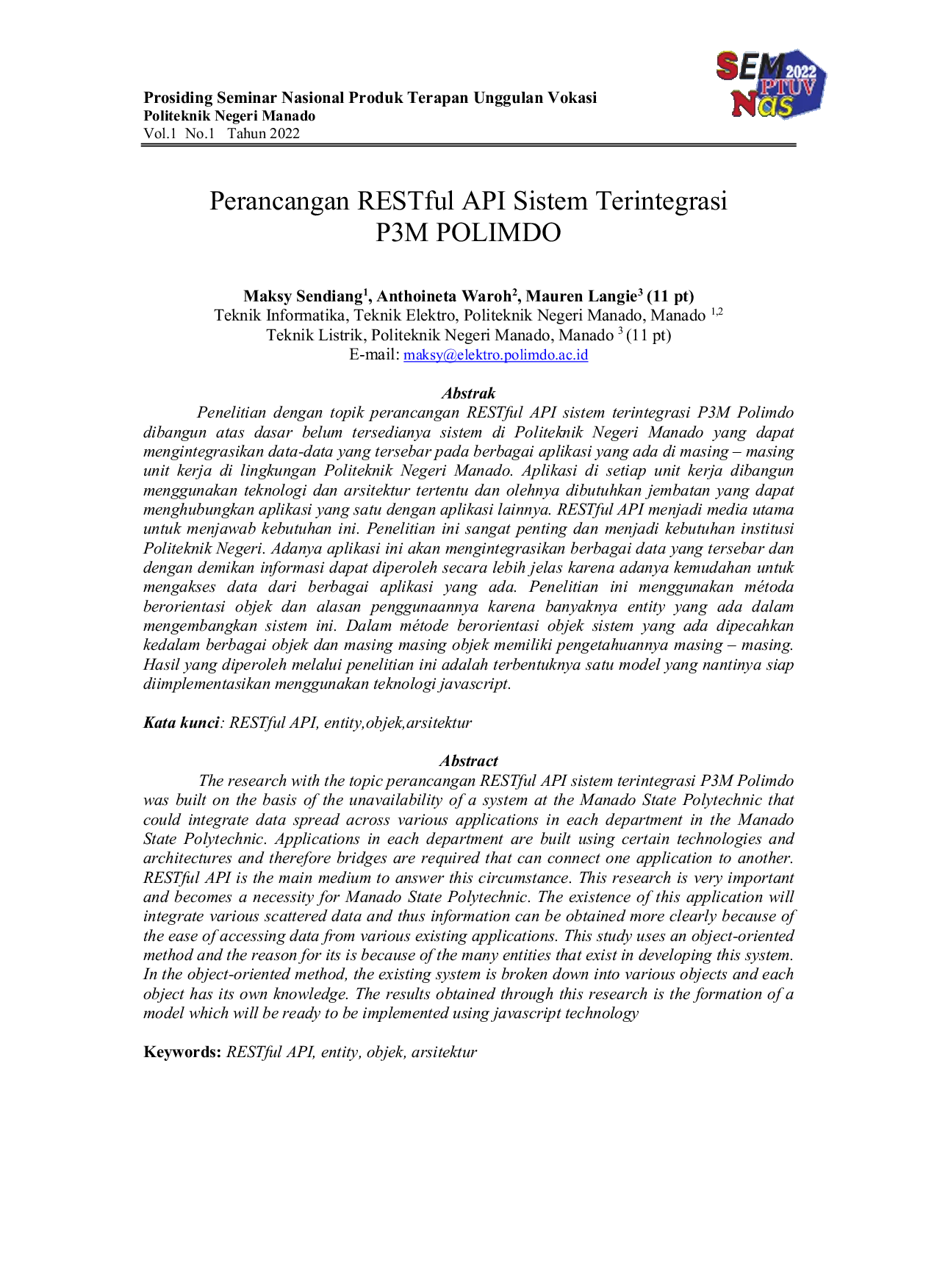 JURIS Perancangan RESTful API Sistem Terintegrasi P3M POLIMDO