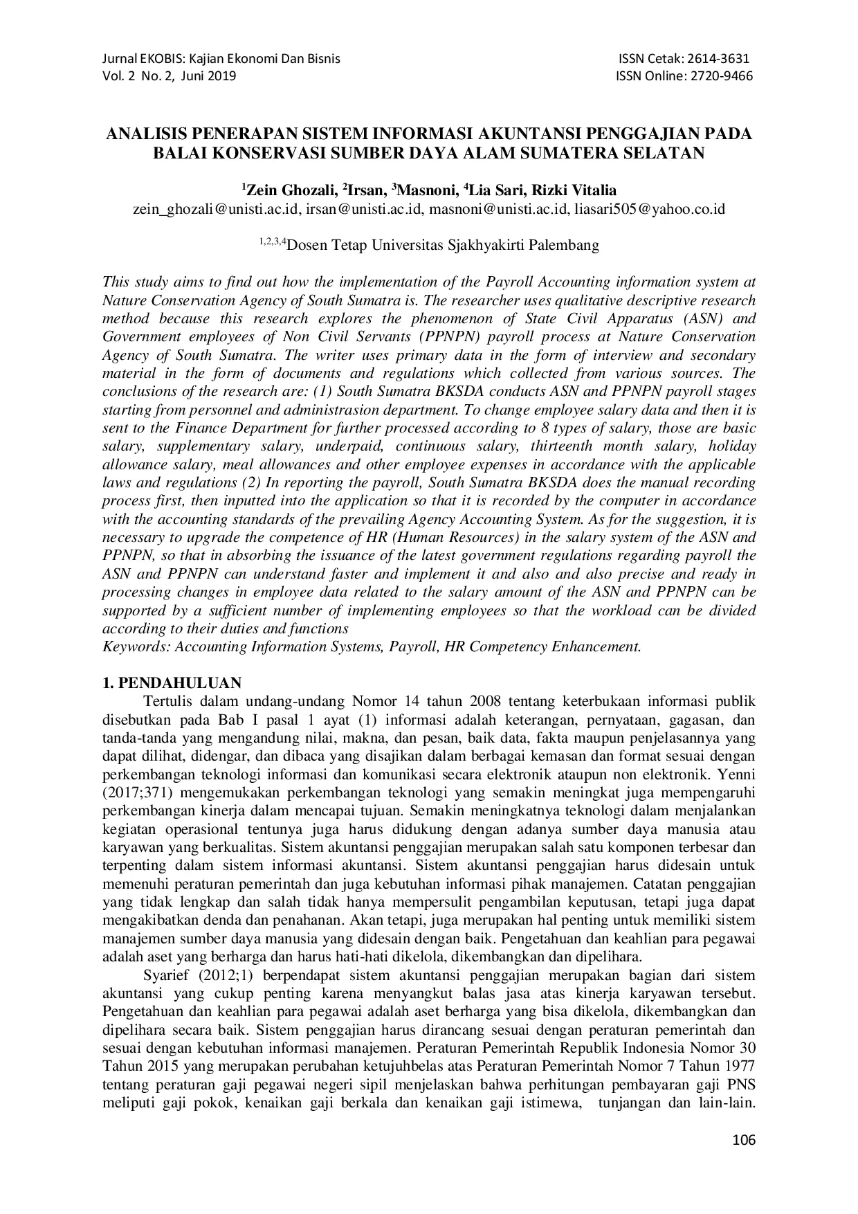 juris Analisis Penerapan Sistem Informasi Akuntansi Penggajian Pada Balai Konservasi Sumber Daya Alam Sumatera Selatan