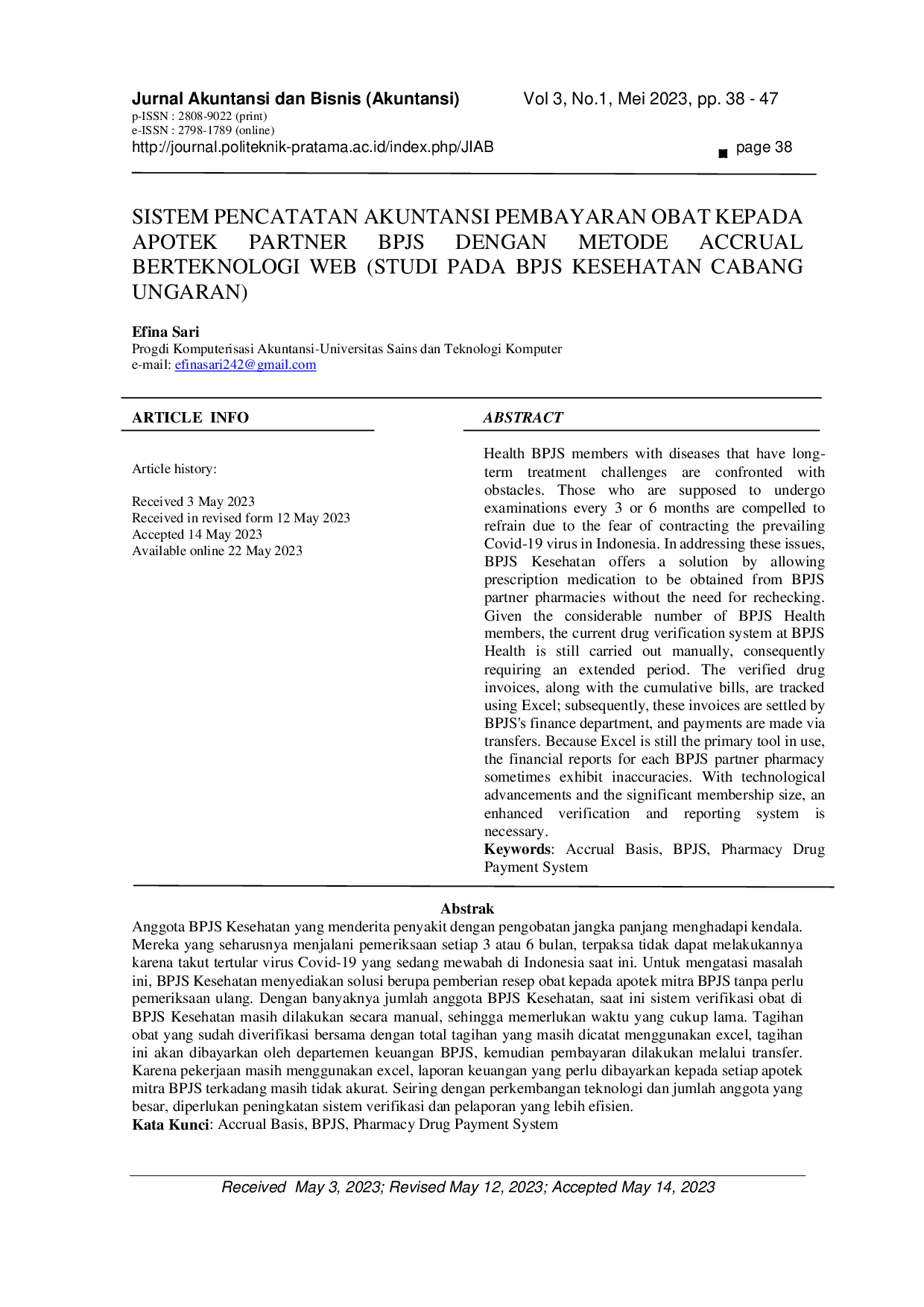 JURIS Sistem Pencatatan Akuntansi Pembayaran Obat Kepada Apotek Partner Bpjs Dengan Metode Accrual Berbasis Web Studi Pada Bpjs Kesehatan Cabang Ungaran