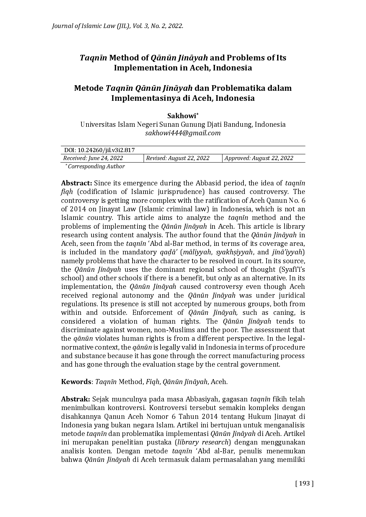 juris Taqnn Method of QAnn JinAyah and Problems of Its Implementation in Aceh Indonesia