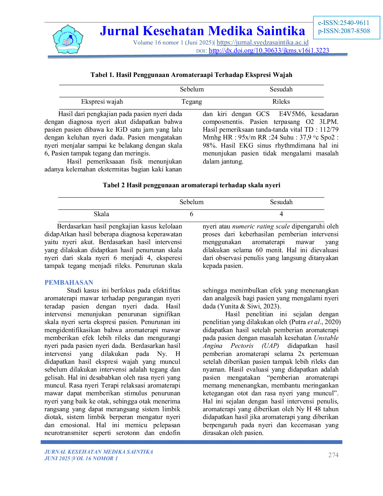 JURIS Efektivitas Aromaterapi Mawar untuk Mengurangi Nyeri Dada di IGD RS PKU Muhammadiyah Yogyakarta