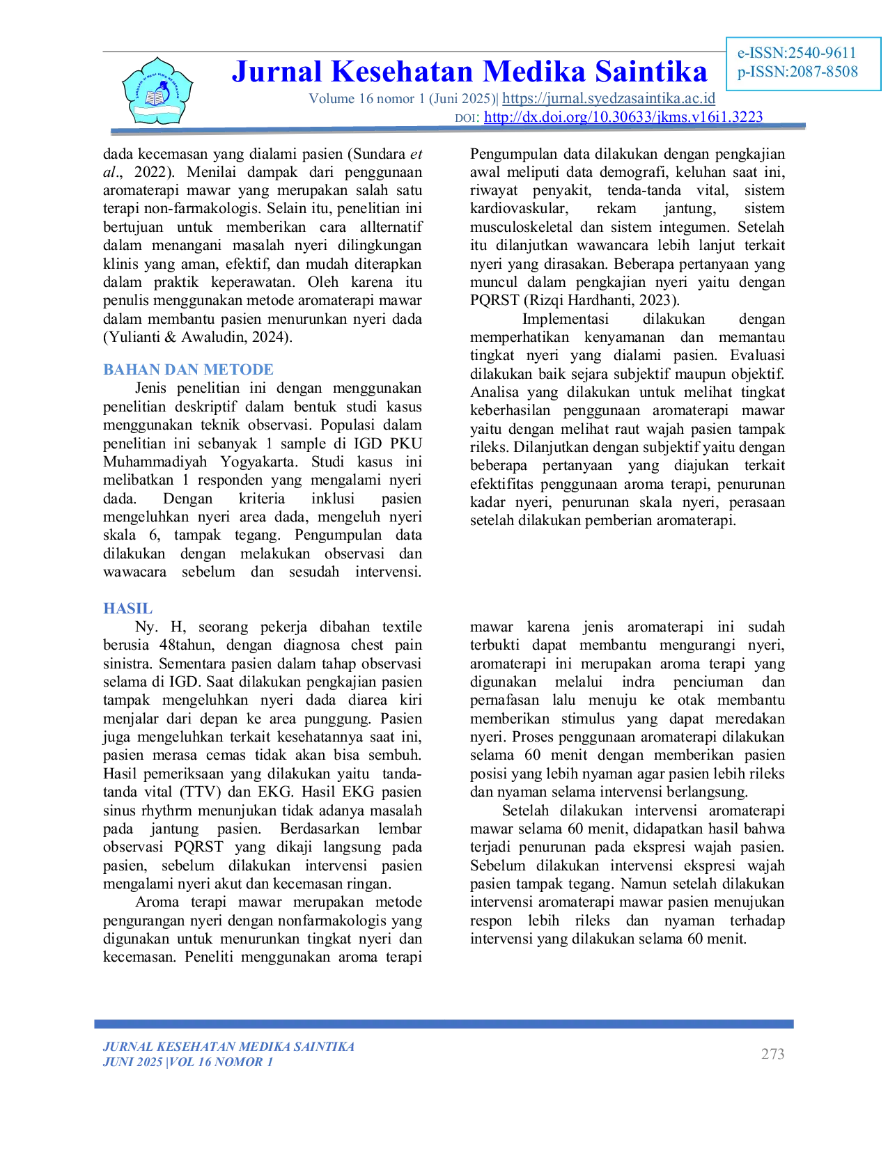 JURIS Efektivitas Aromaterapi Mawar untuk Mengurangi Nyeri Dada di IGD RS PKU Muhammadiyah Yogyakarta