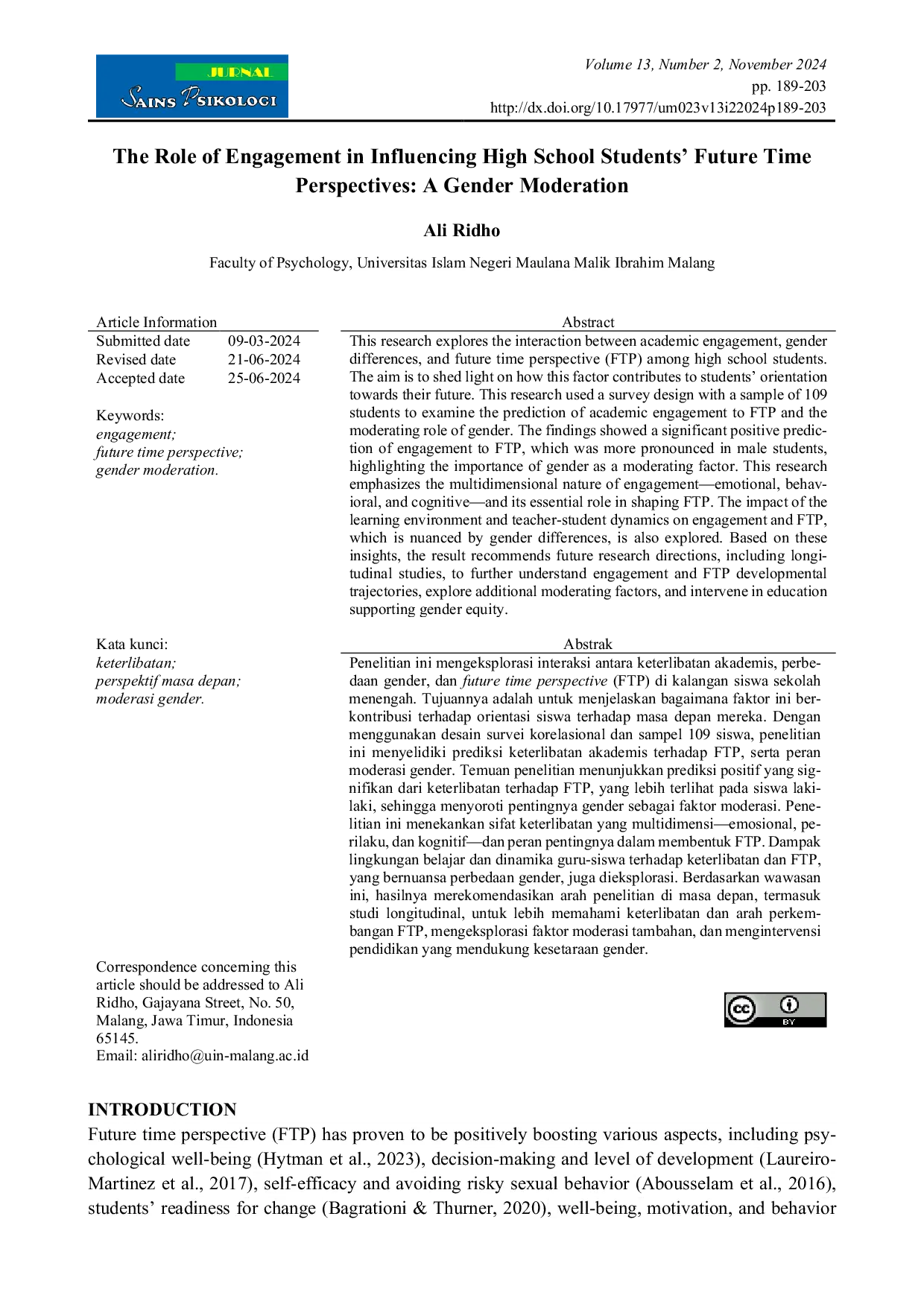 JURIS The Role of Engagement in Influencing High School Students Future Time Perspectives A Gender Moderation
