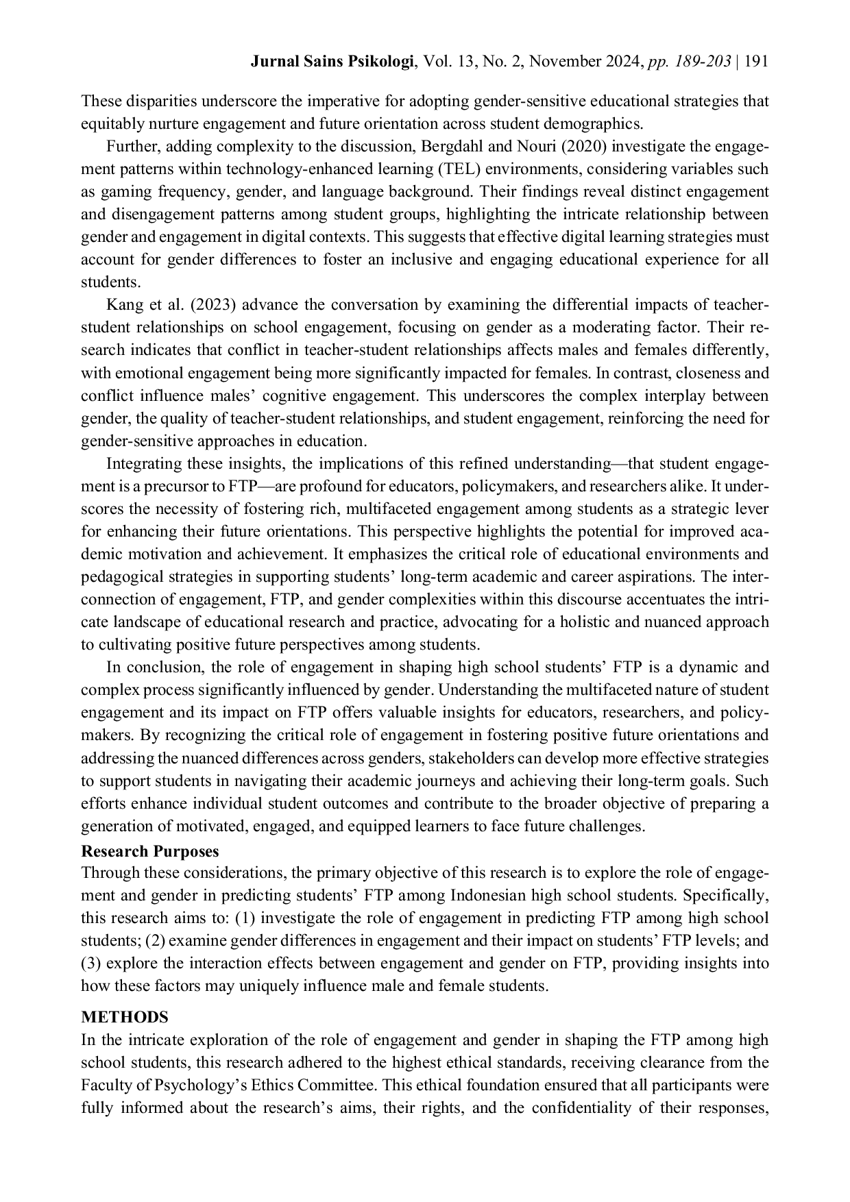 JURIS The Role of Engagement in Influencing High School Students Future Time Perspectives A Gender Moderation