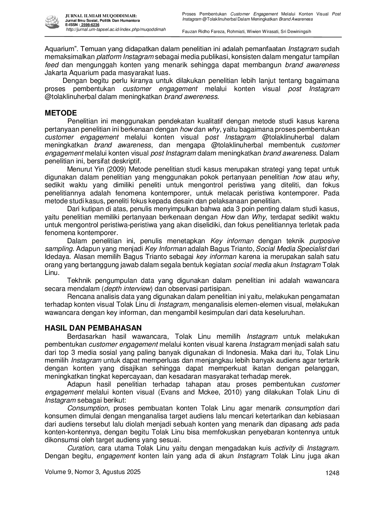 JURIS Proses Pembentukan Customer Engagement Melalui Konten Visual Post Instagram Tolaklinuherbal Dalam Meningkatkan Brand Awareness