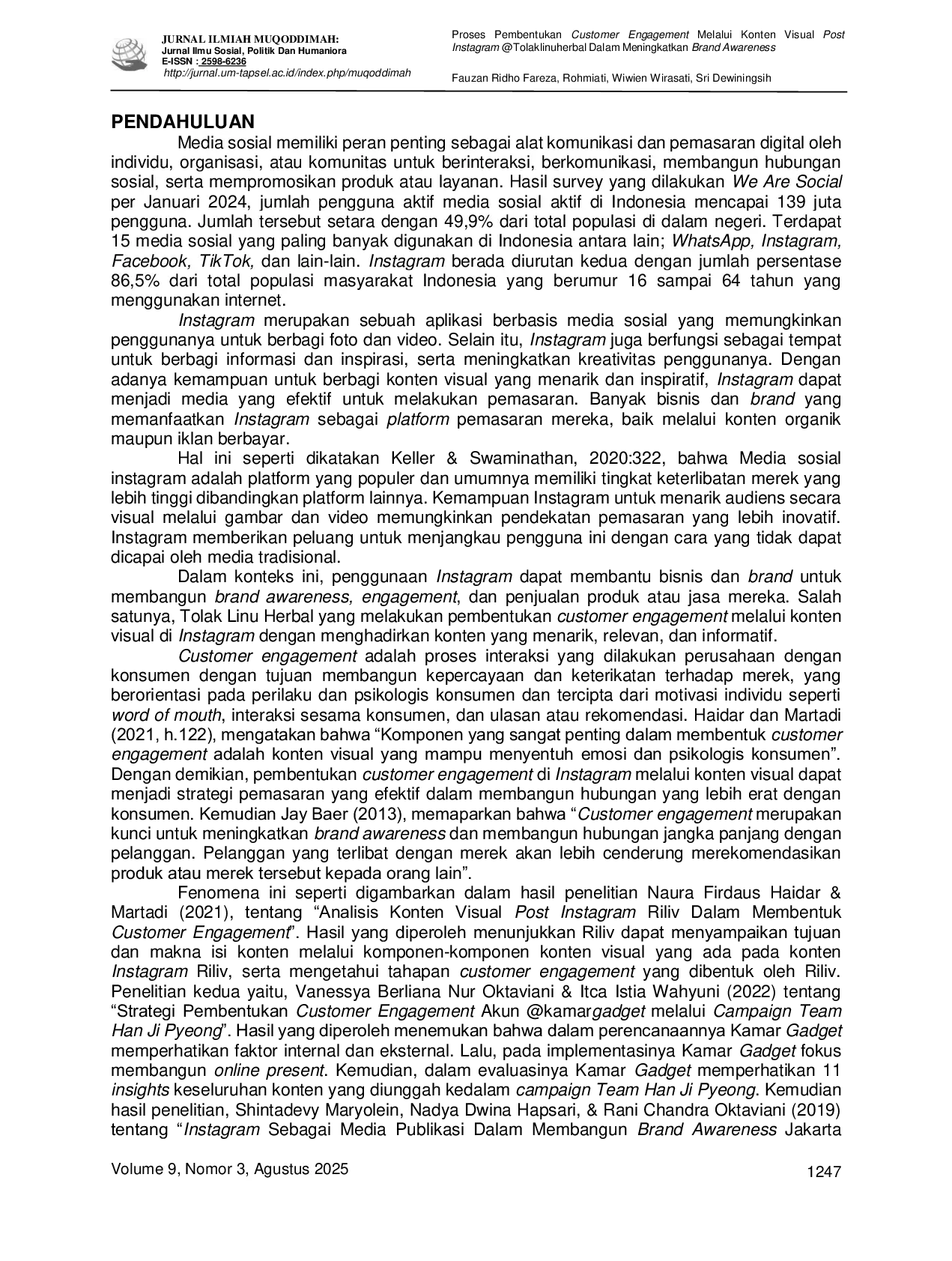 JURIS Proses Pembentukan Customer Engagement Melalui Konten Visual Post Instagram Tolaklinuherbal Dalam Meningkatkan Brand Awareness