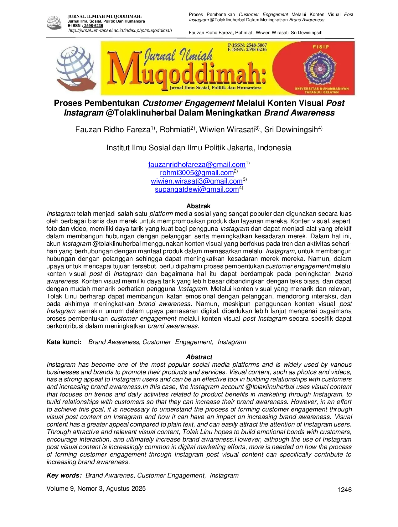JURIS Proses Pembentukan Customer Engagement Melalui Konten Visual Post Instagram Tolaklinuherbal Dalam Meningkatkan Brand Awareness