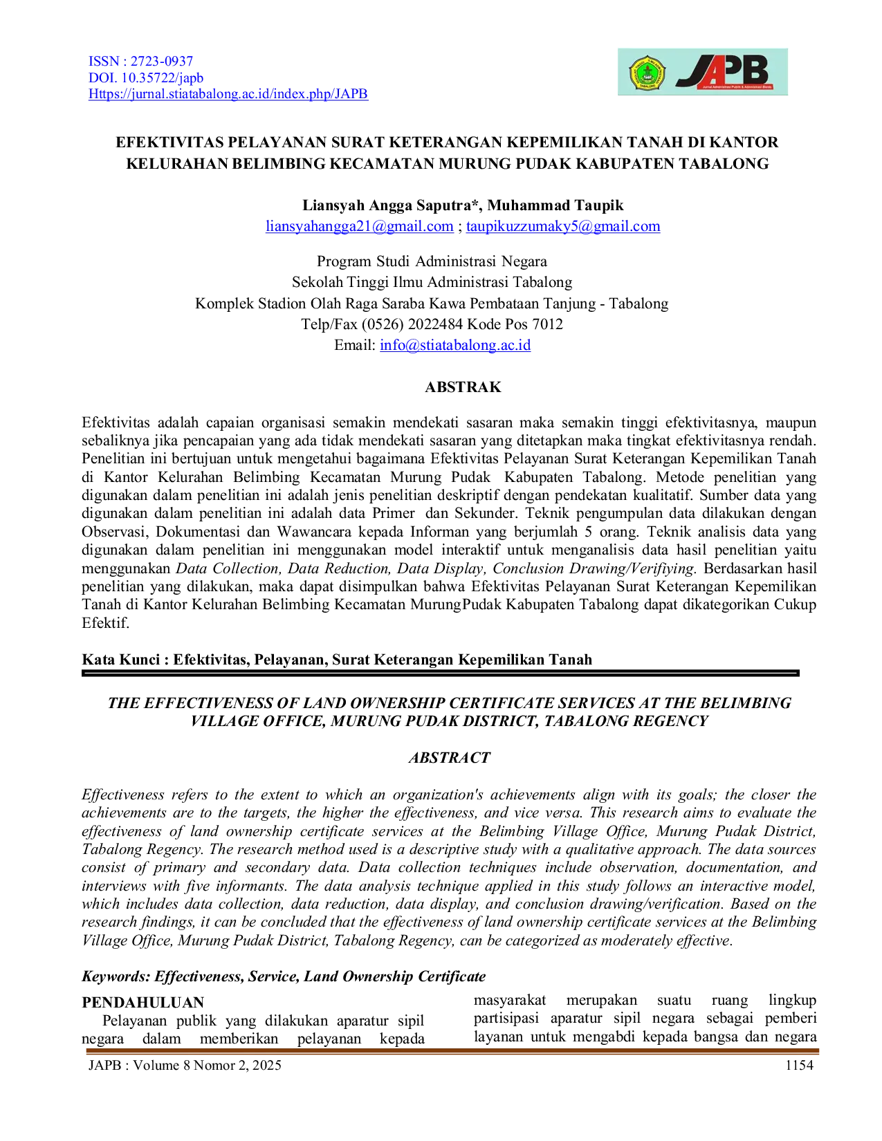 JURIS Efektivitas Pelayanan Surat Keterangan Kepemilikan Tanah di Kantor Kelurahan Belimbing Kecamatan Murung Pudak Kabupaten Tabalong