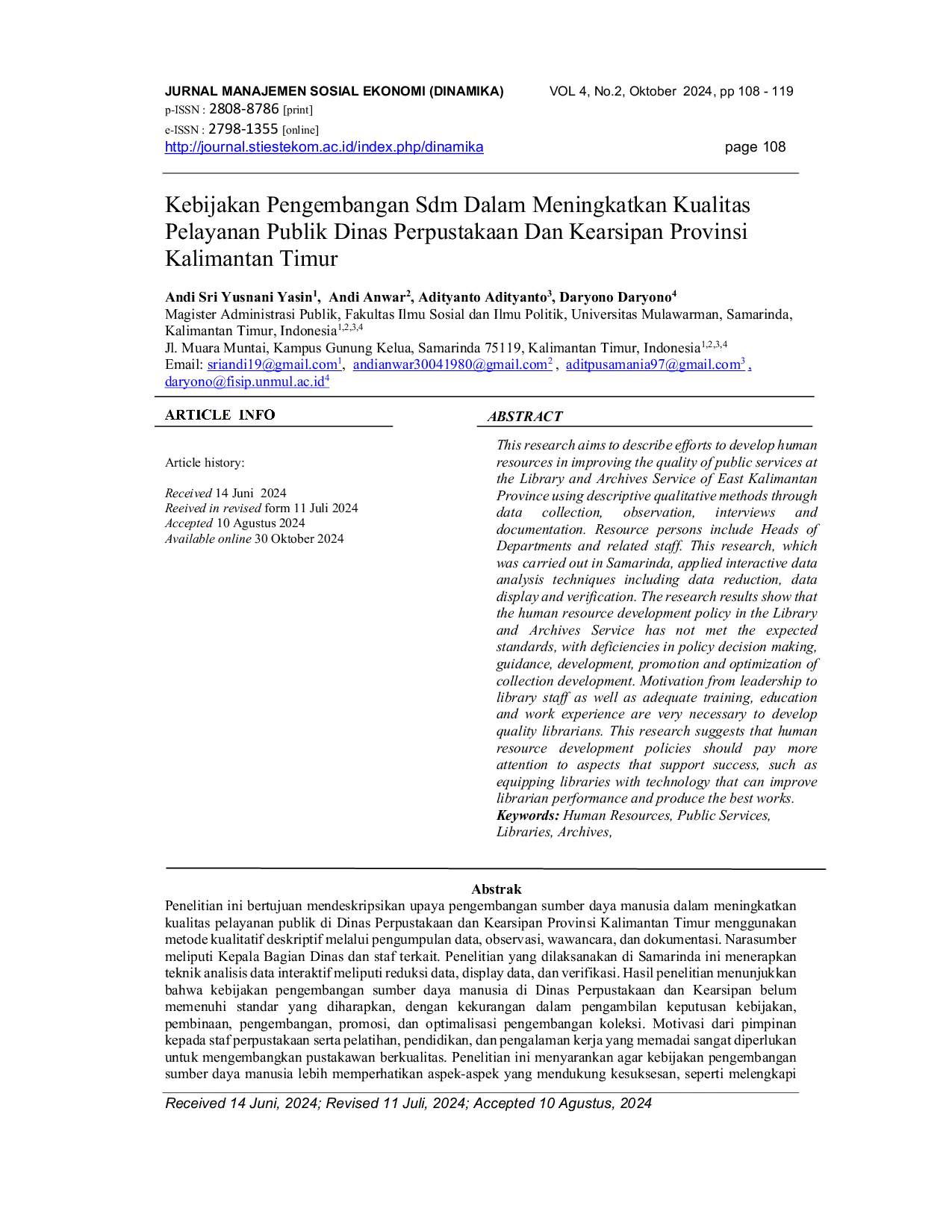 JURIS Kebijakan Pengembangan SDM Dalam Meningkatkan Kualitas Pelayanan Publik Dinas Perpustakaan Dan Kearsipan Provinsi Kalimantan Timur