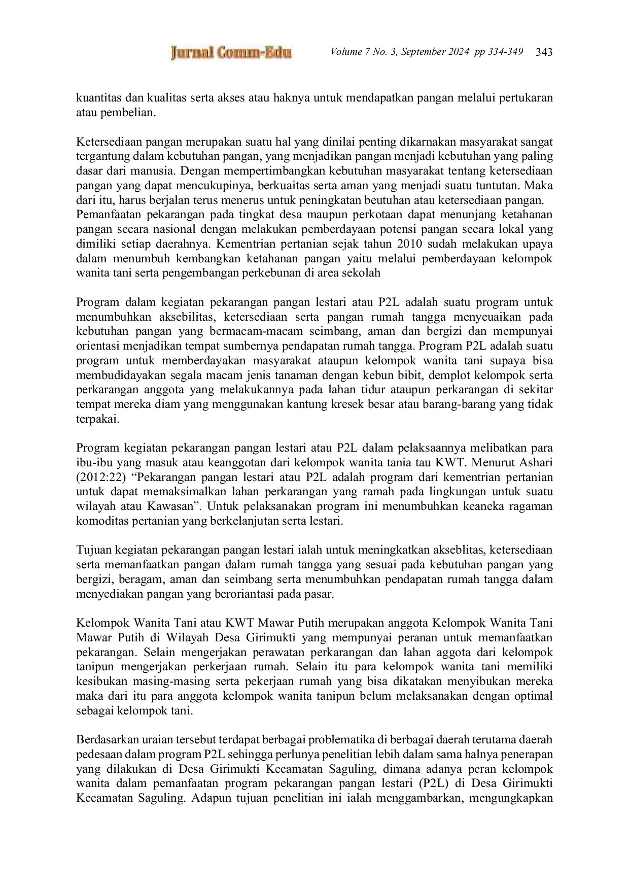 JURIS Peran Kelompok Wanita Tani Dalam Pemanfaatan Pekarangan Pangan Lestari P2L Di Desa Girimukti Kecamatan Saguling