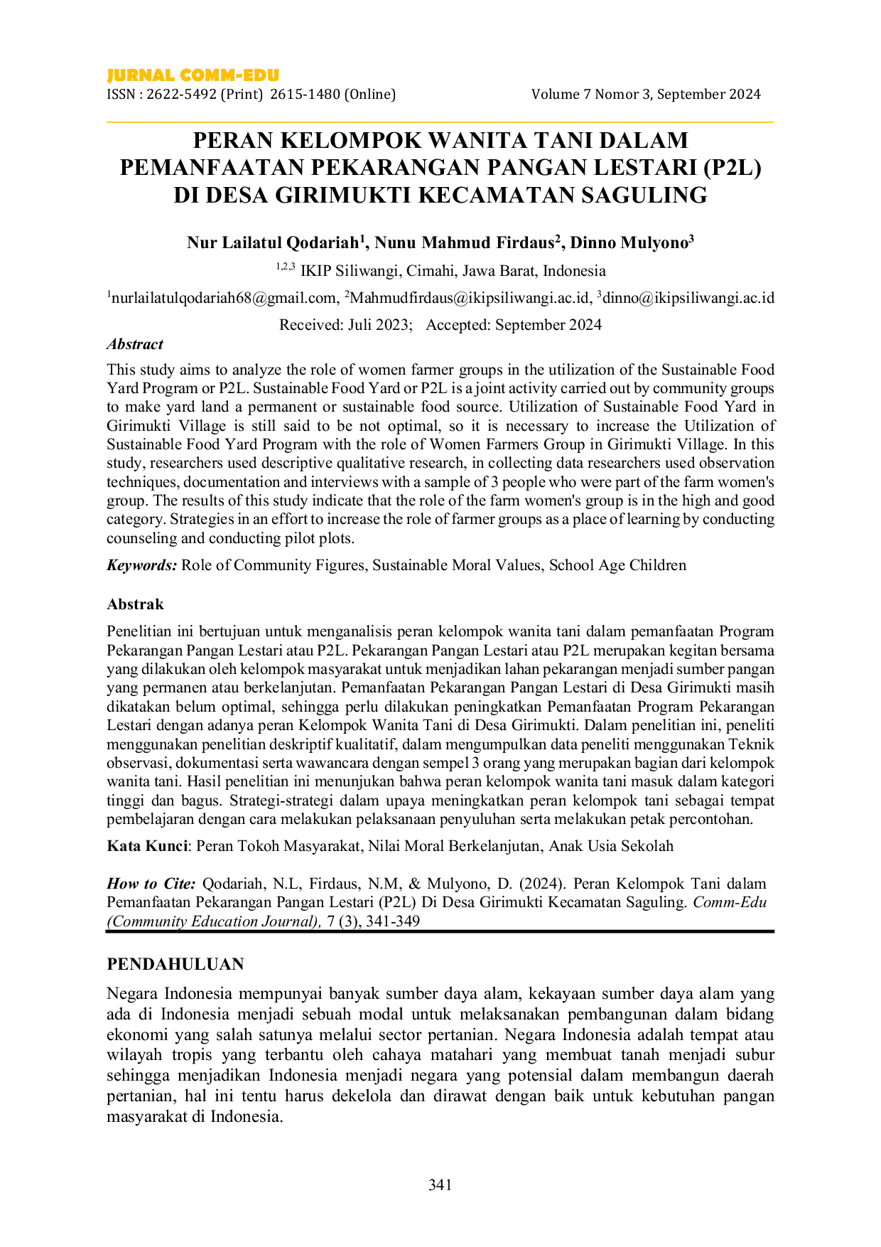 JURIS Peran Kelompok Wanita Tani Dalam Pemanfaatan Pekarangan Pangan Lestari P2L Di Desa Girimukti Kecamatan Saguling