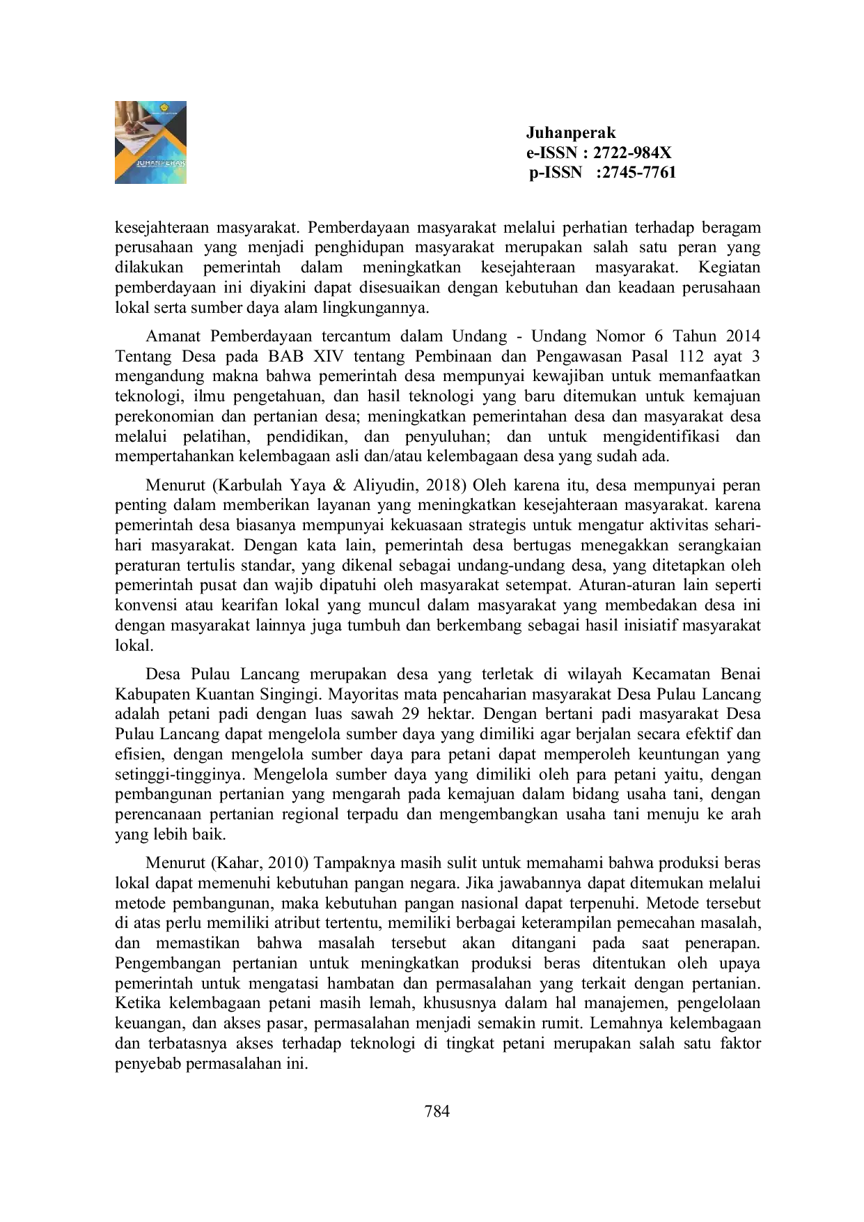 JURIS Peran Pemerintah Desa Dalam Peningkatan Kesejahteraan Perekonomian Masyarakat Melalui Bidang Swasembada Pangan Di Desa Pulau Lancang Kecamatan Benai Kabupaten Kuantan Singingi
