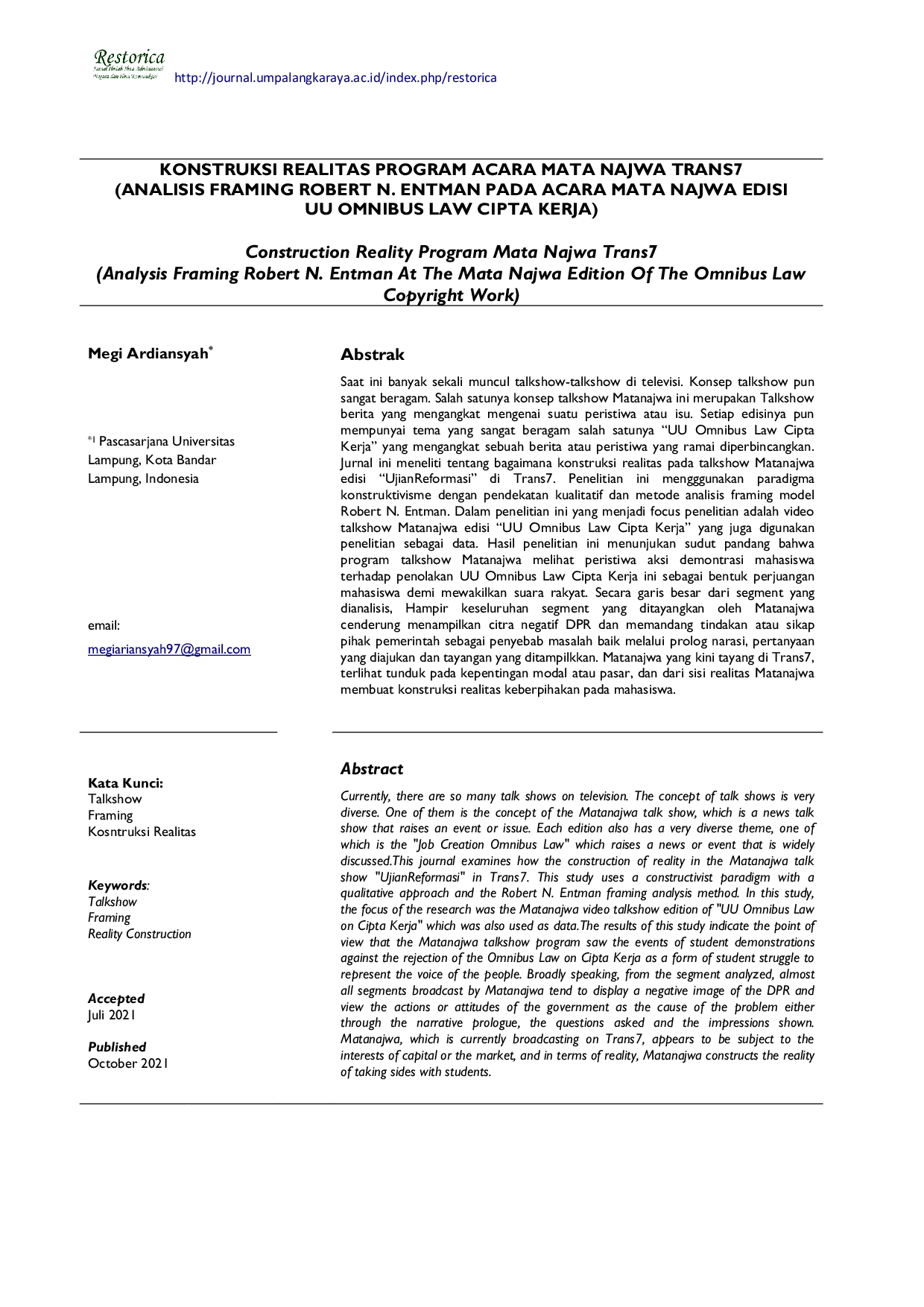 JURIS Konstruksi Realitas Program Acara Mata Najwa Trans7 Analisis Framing Robert N Entman pada Acara Mata Najwa Edisi UU Omnibus Law Cipta Kerja