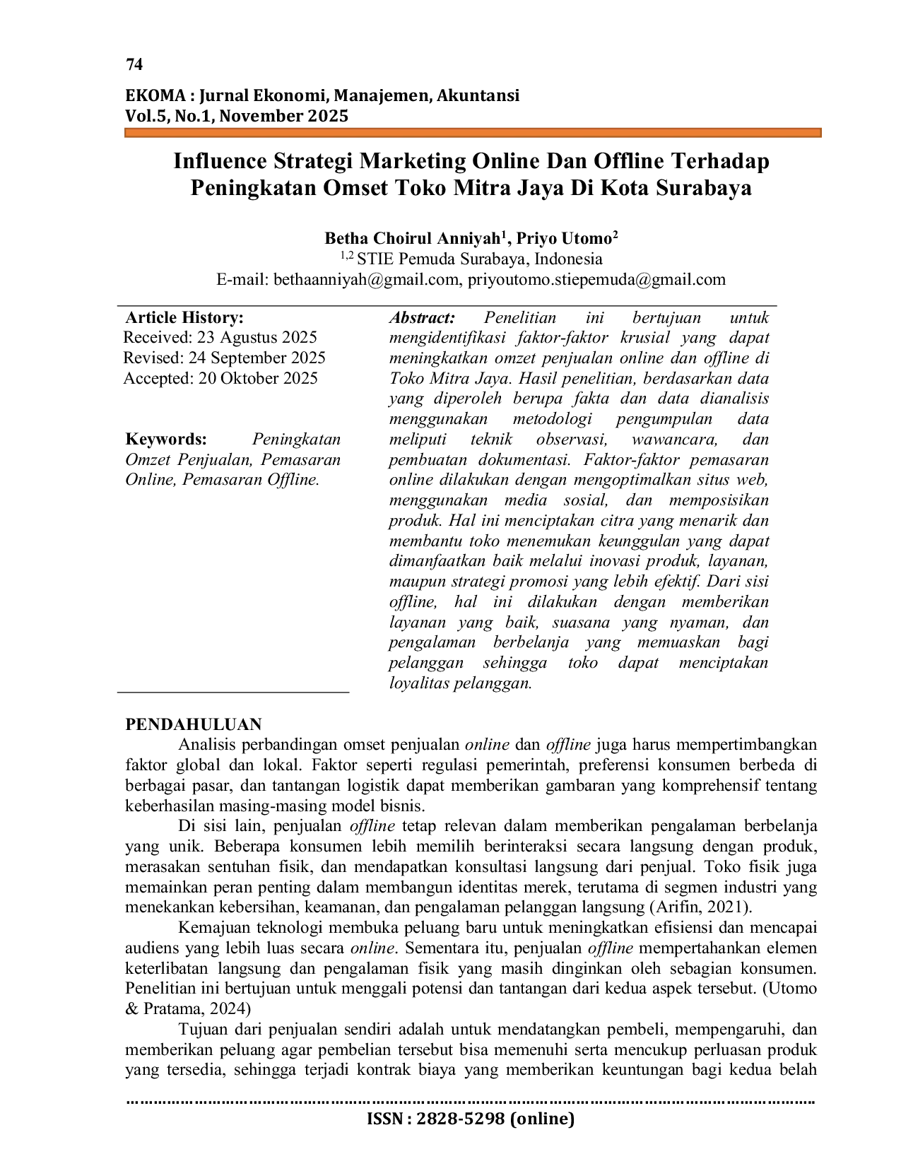 JURIS Influence Strategi Marketing Online Dan Offline Terhadap Peningkatan Omset Toko Mitra Jaya Di Kota Surabaya