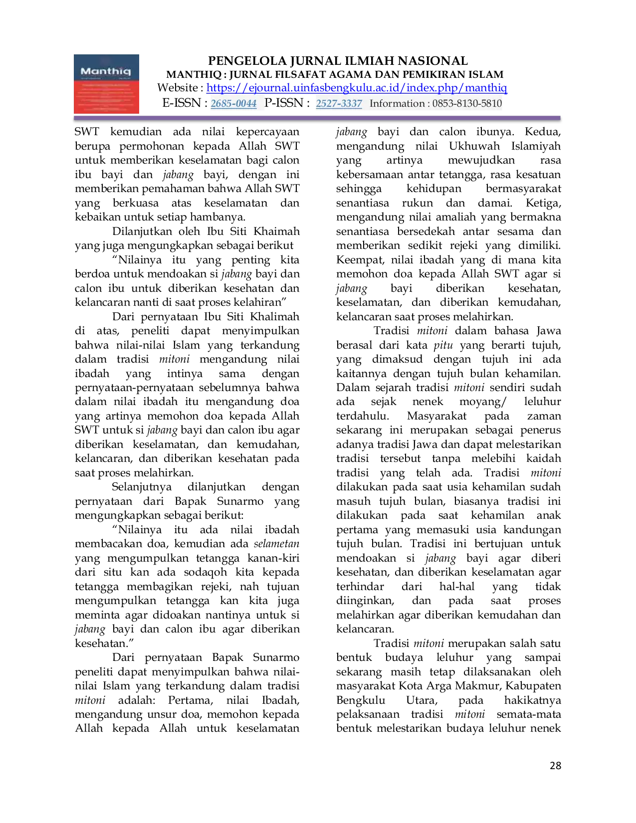 JURIS Tradisi Mitoni Masyarakat Jawa di Kota Arga Makmur dalam Perspektif Filsafat Islam