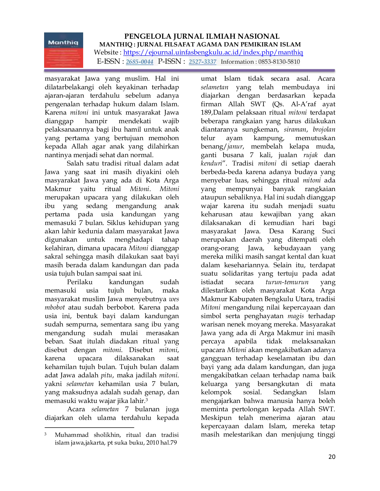 JURIS Tradisi Mitoni Masyarakat Jawa di Kota Arga Makmur dalam Perspektif Filsafat Islam