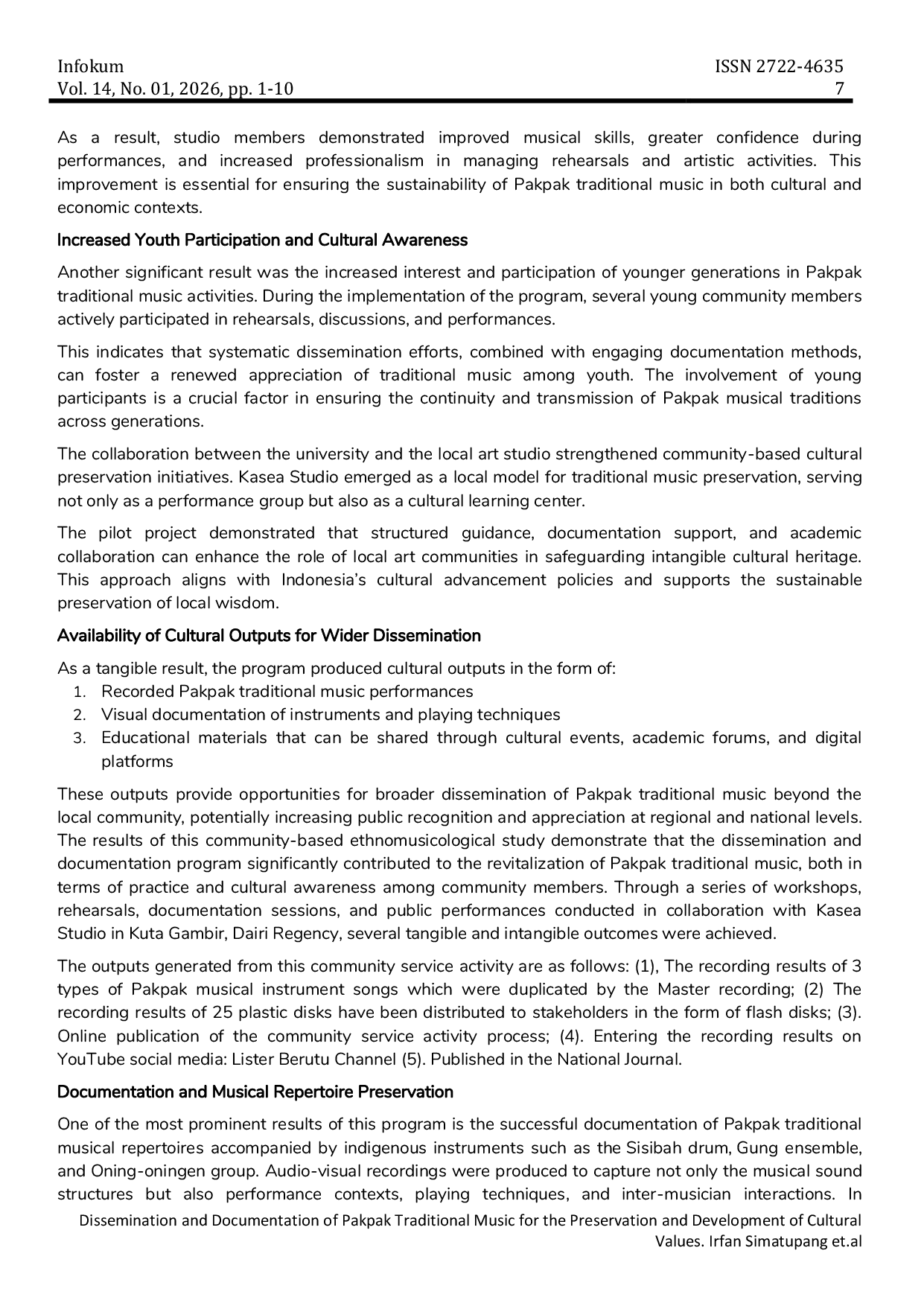 JURIS Dissemination and Documentation of Pakpak Traditional Music for the Preservation and Development of Cultural Values