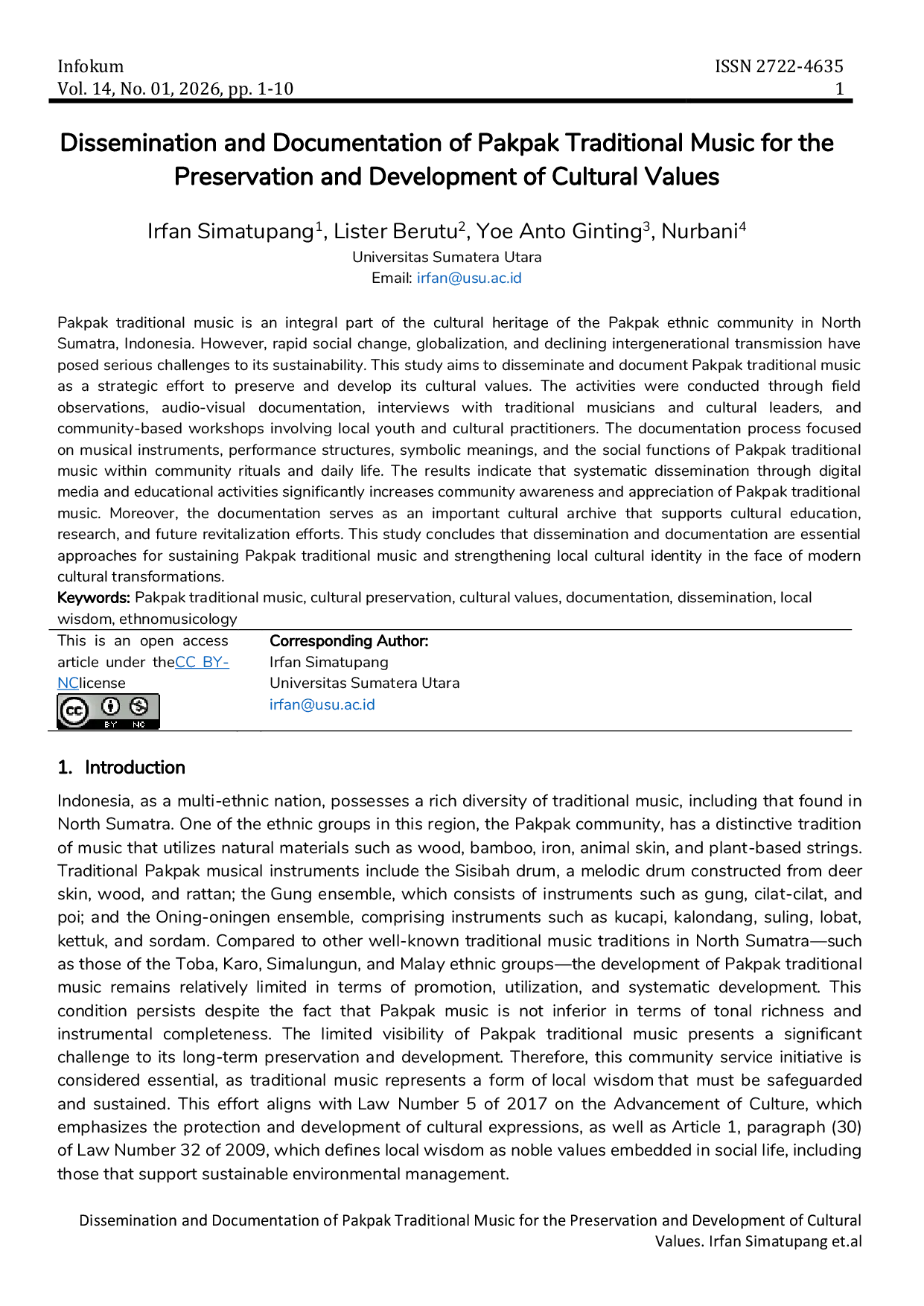 JURIS Dissemination and Documentation of Pakpak Traditional Music for the Preservation and Development of Cultural Values