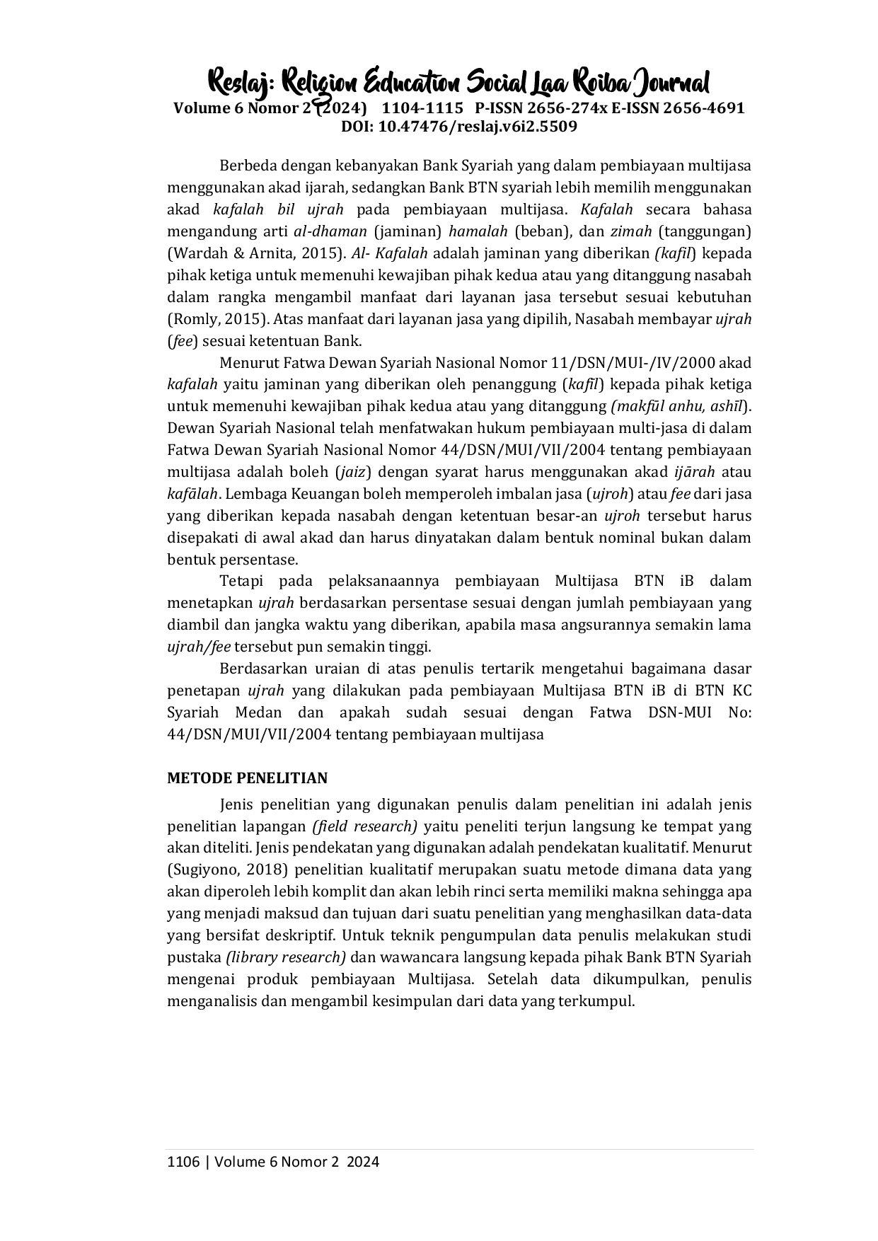 juris Penetapan Ujrah pada Pembiayaan Multijasa BTN iB Persfektif Fatwa DSN MUI No 44 DSN MUI VIII 2004 Studi Kasus Bank BTN KC Syariah Medan