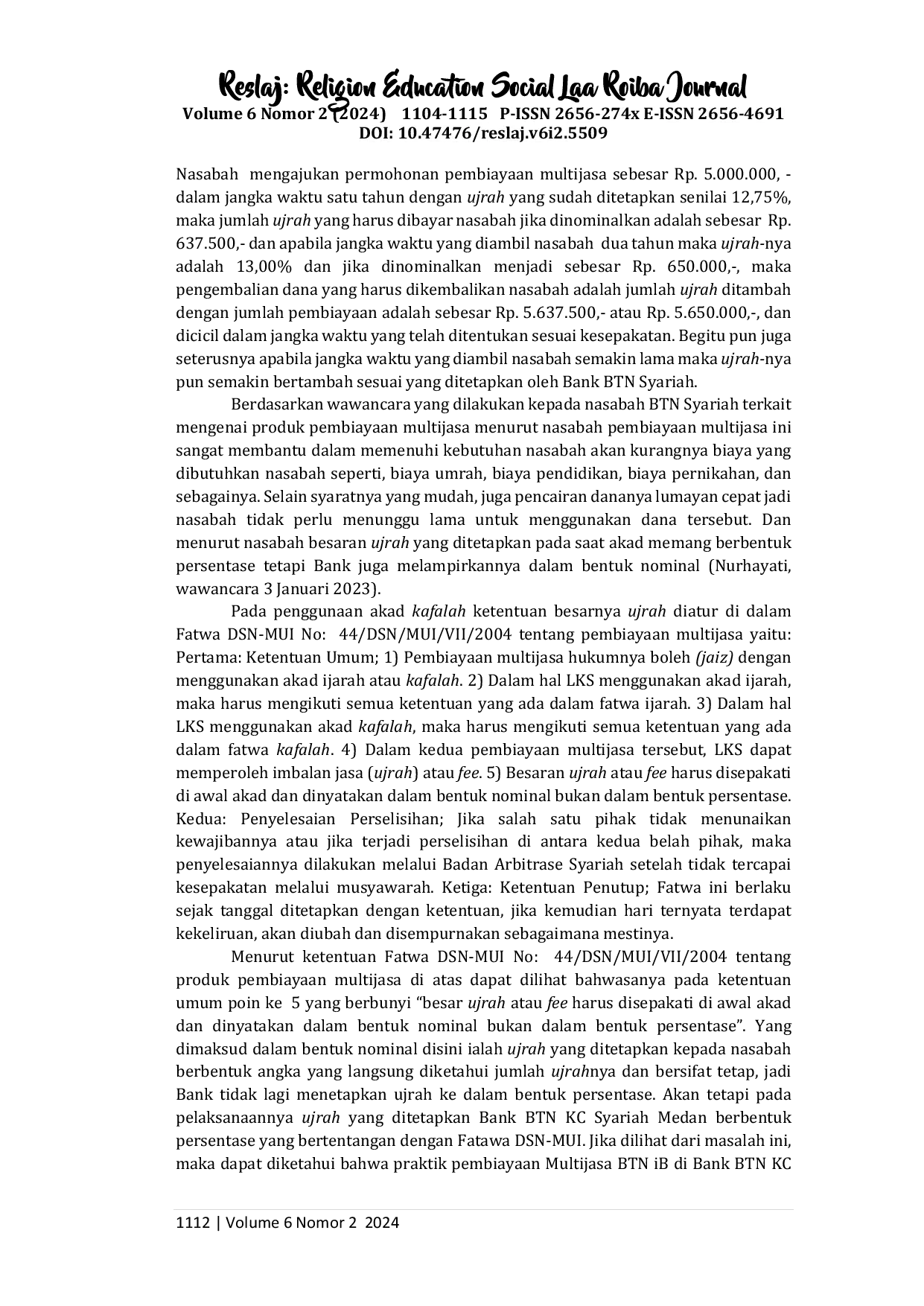 juris Penetapan Ujrah pada Pembiayaan Multijasa BTN iB Persfektif Fatwa DSN MUI No 44 DSN MUI VIII 2004 Studi Kasus Bank BTN KC Syariah Medan