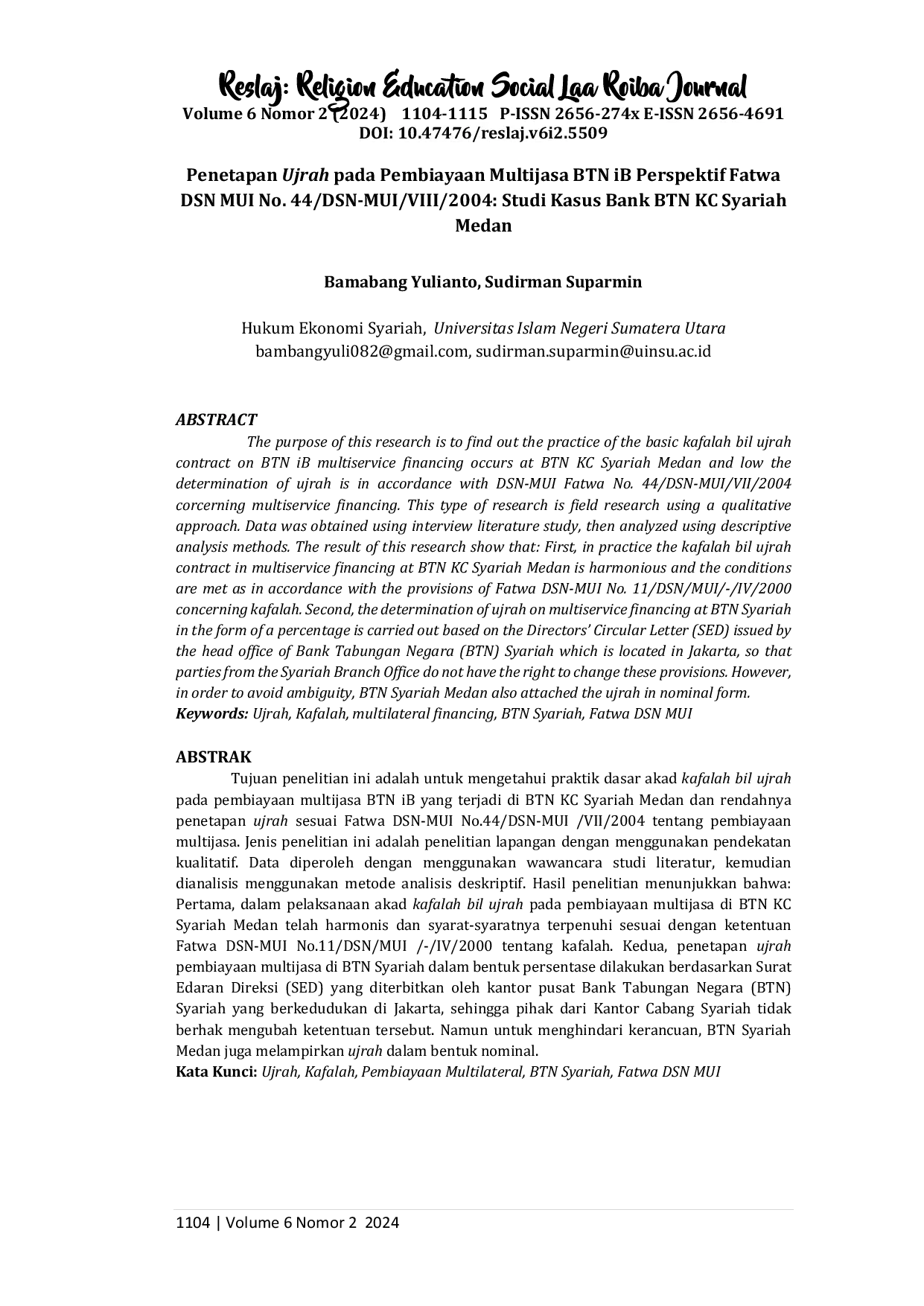 juris Penetapan Ujrah pada Pembiayaan Multijasa BTN iB Persfektif Fatwa DSN MUI No 44 DSN MUI VIII 2004 Studi Kasus Bank BTN KC Syariah Medan