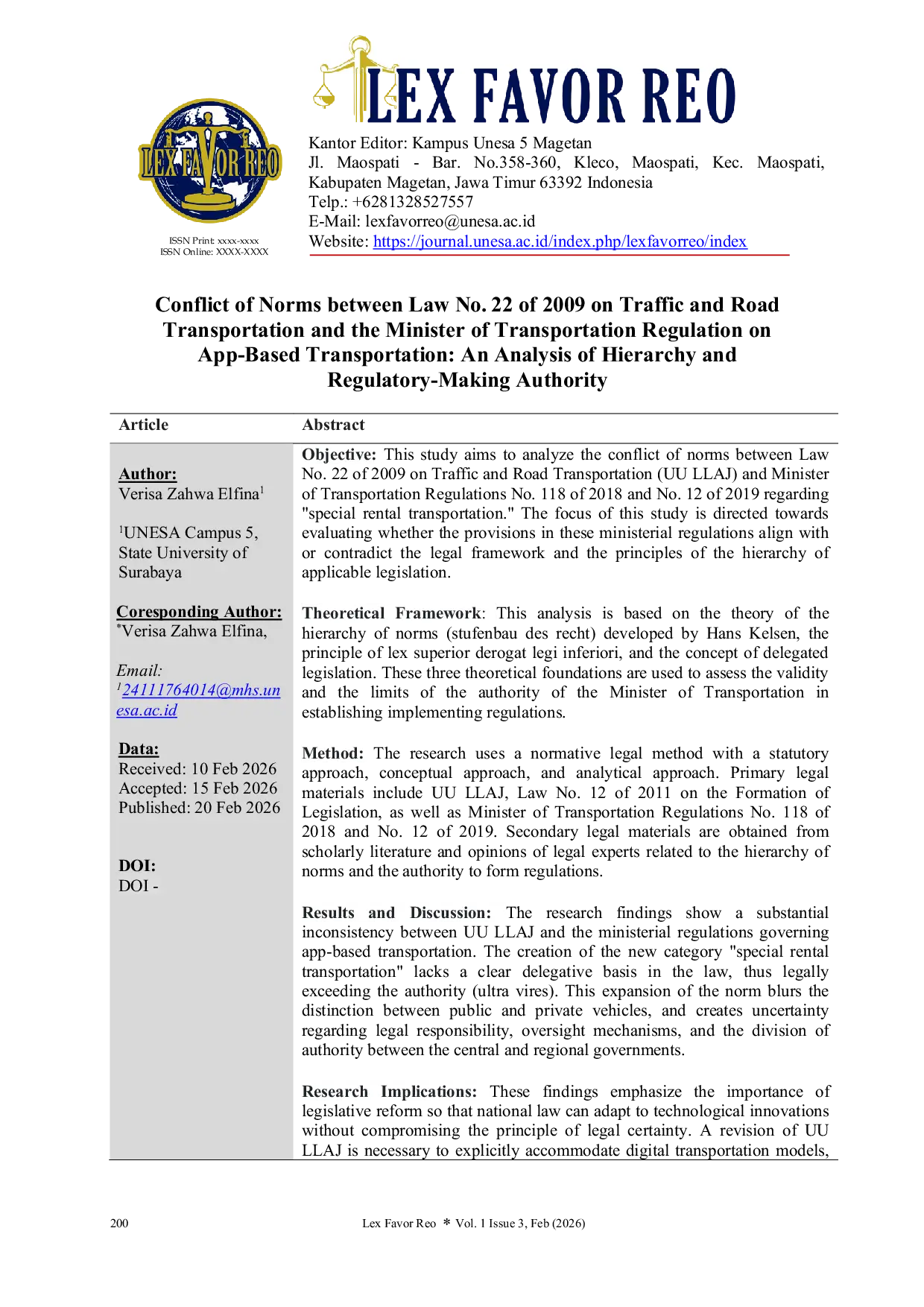 JURIS Conflict of Norms between Law No A22 of 2009 on Traffic and Road Transportation and the Minister of Transportation Regulation on App Based Transportation An Analysis of Hierarchy and Regulatory Makin
