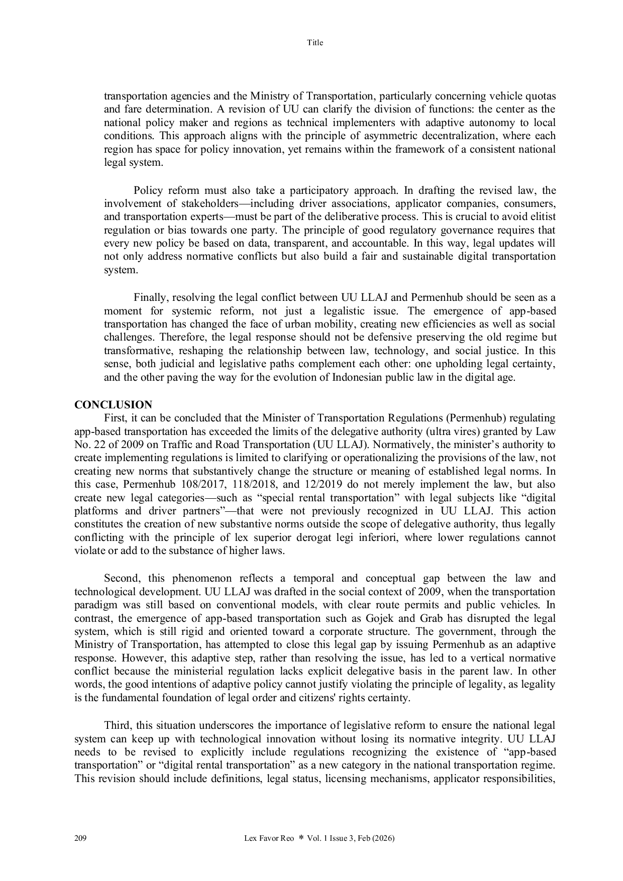 JURIS Conflict of Norms between Law No A22 of 2009 on Traffic and Road Transportation and the Minister of Transportation Regulation on App Based Transportation An Analysis of Hierarchy and Regulatory Makin
