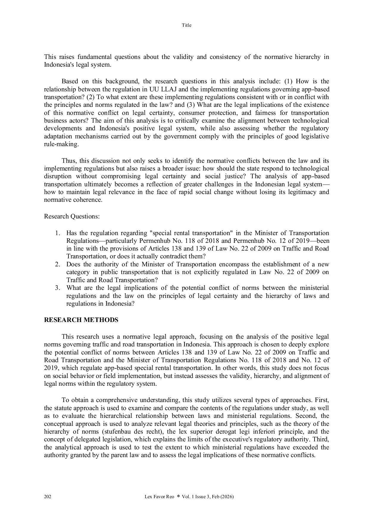 JURIS Conflict of Norms between Law No A22 of 2009 on Traffic and Road Transportation and the Minister of Transportation Regulation on App Based Transportation An Analysis of Hierarchy and Regulatory Makin