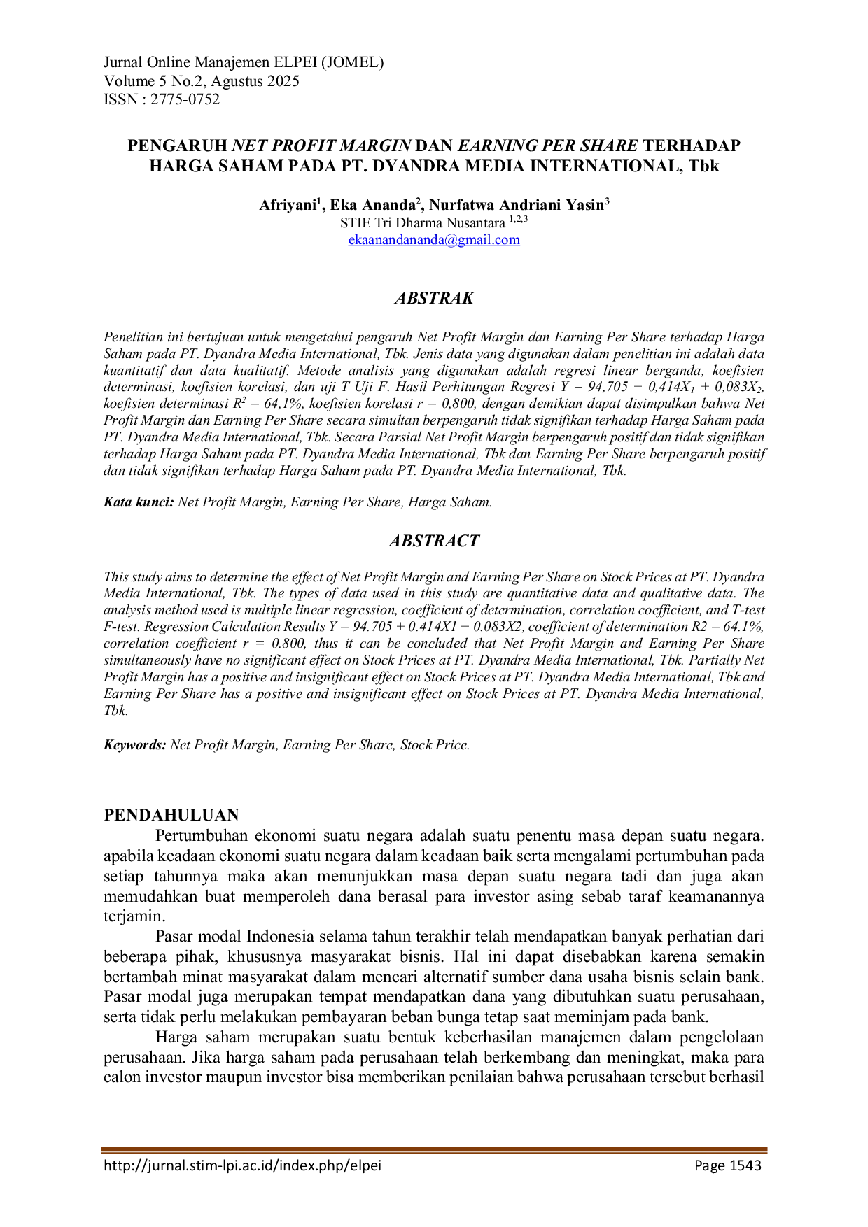 JURIS Pengaruh Net Profit Margin Dan Earning Per Share Terhadap Harga Saham pada PT Dyandra Media International Tbk