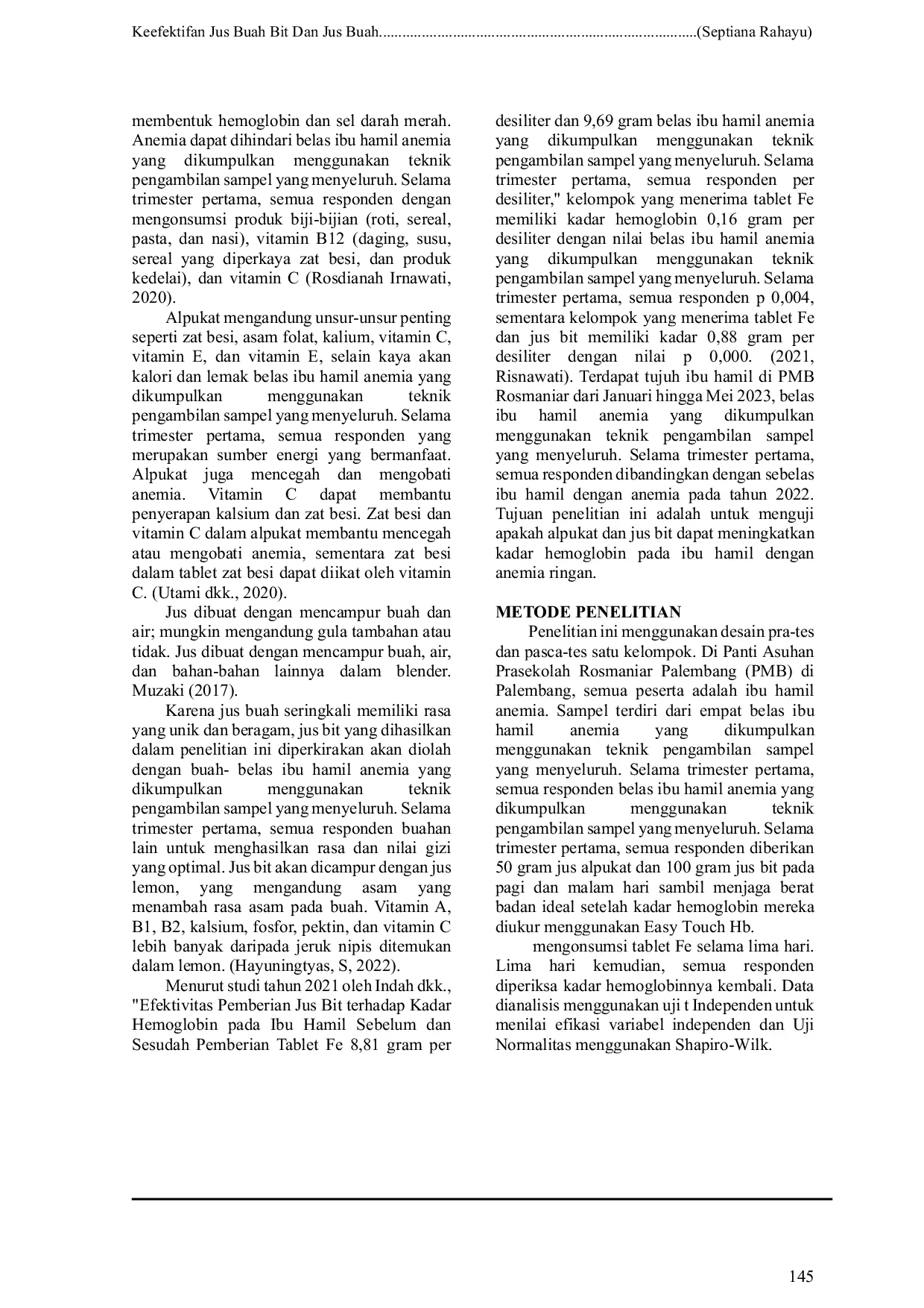 JURIS Keefektifan Jus Buah Bit Dan Jus Buah Alpukat Dalam Kenaikan Kadar Hemoglobin Dengan Anemia Ibu Hamil