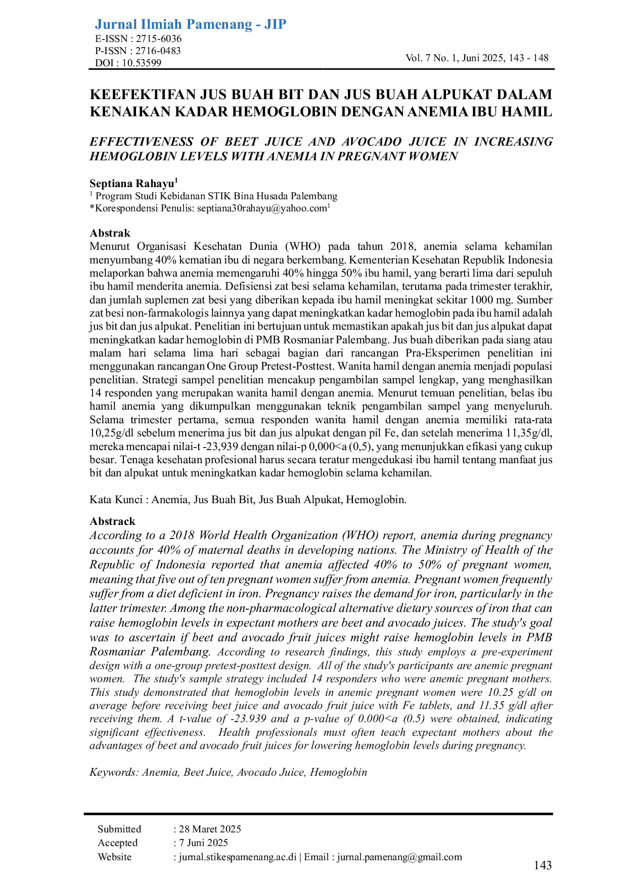 JURIS Keefektifan Jus Buah Bit Dan Jus Buah Alpukat Dalam Kenaikan Kadar Hemoglobin Dengan Anemia Ibu Hamil