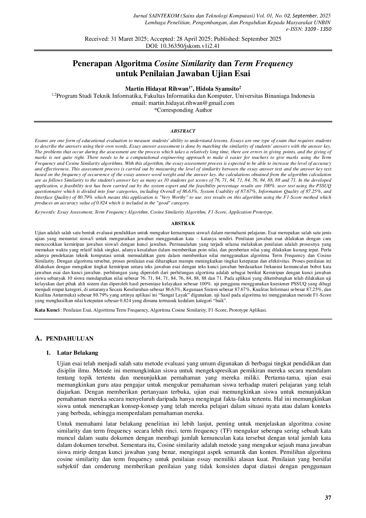 JURIS Penerapan Algoritma Cosine Similarity dan Term Frequencyuntuk Penilaian Jawaban Ujian Esai