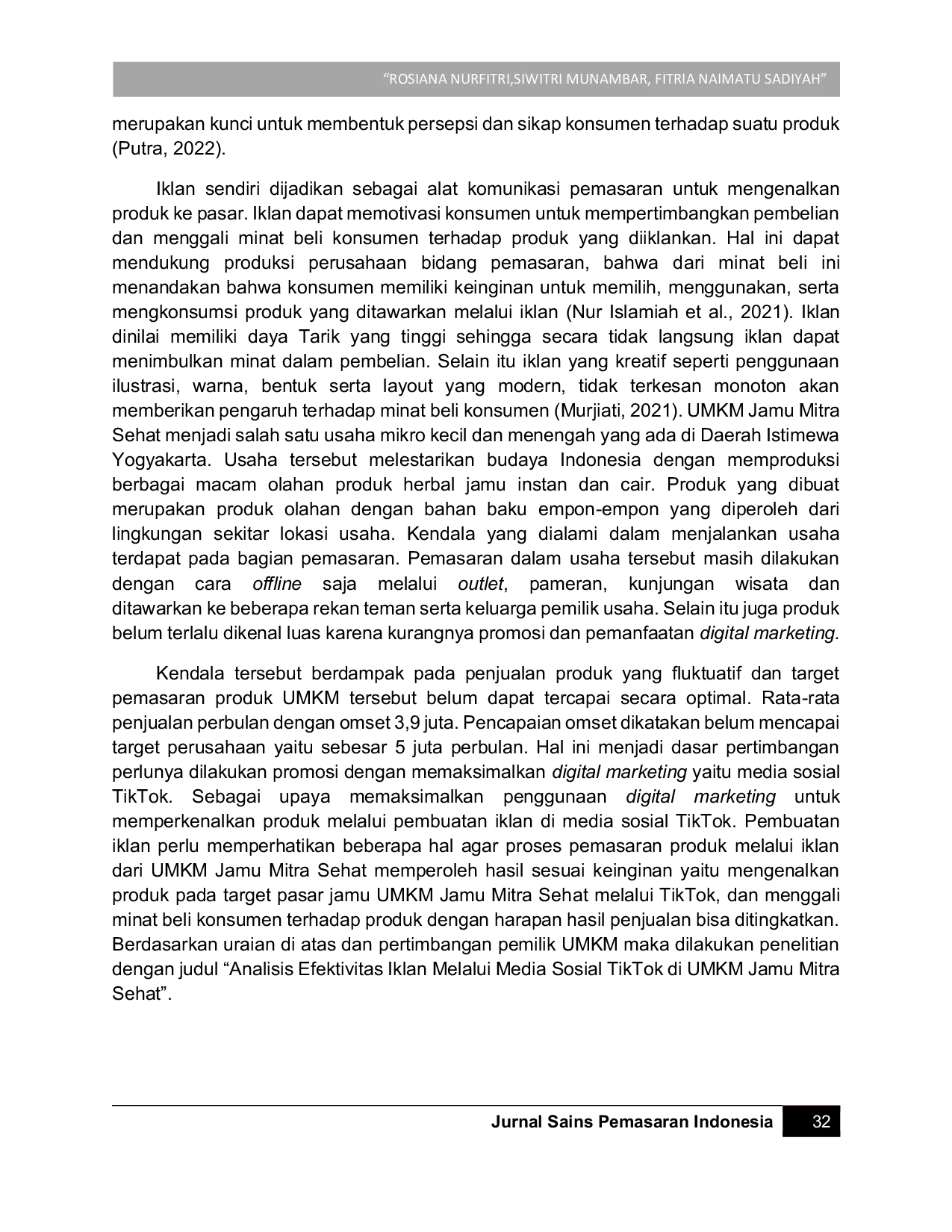 JURIS Analisis Efektivitas Iklan Melalui Media Sosial TikTok Di Umkm Jamu Mitra Sehat