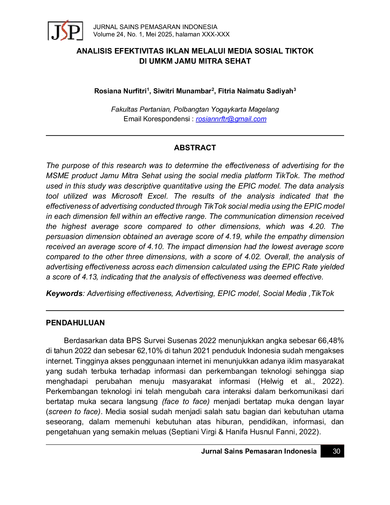 JURIS Analisis Efektivitas Iklan Melalui Media Sosial TikTok Di Umkm Jamu Mitra Sehat