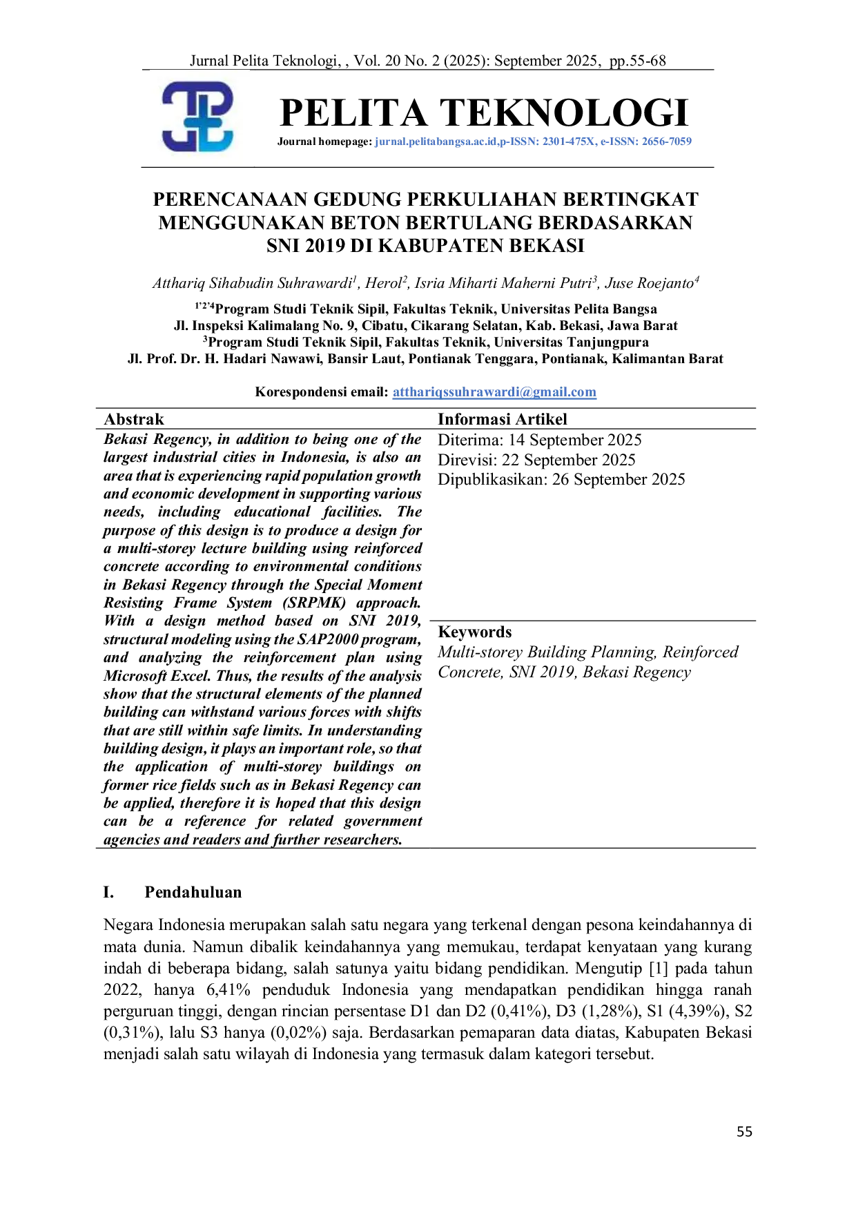 JURIS Perencanaan Gedung Perkuliahan Bertingkat Menggunakan Beton Bertulang Berdasarkan Sni 2019 Di Kabupaten Bekasi