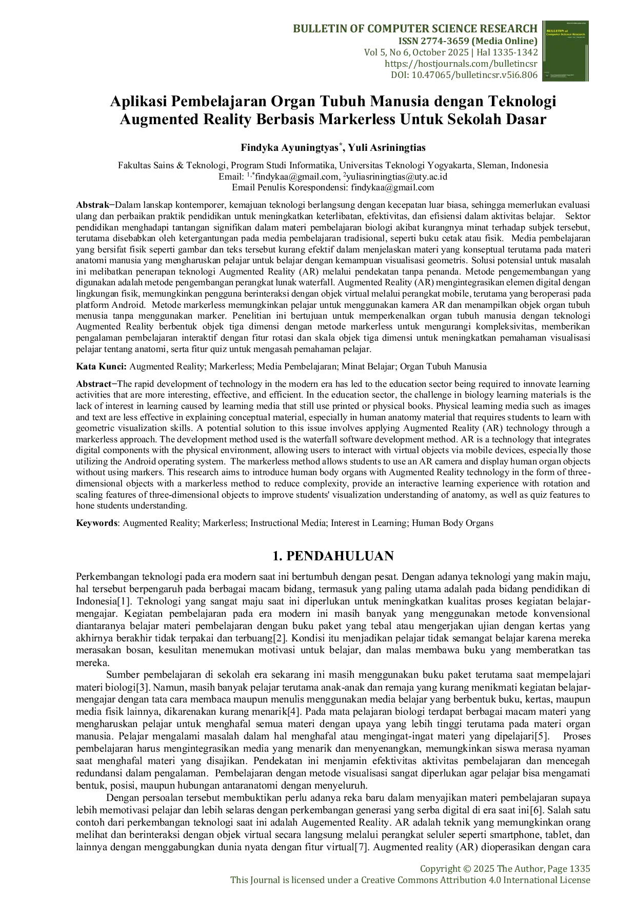 JURIS Aplikasi Pembelajaran Organ Tubuh Manusia dengan Teknologi Augmented Reality Berbasis Markerless Untuk Sekolah Dasar