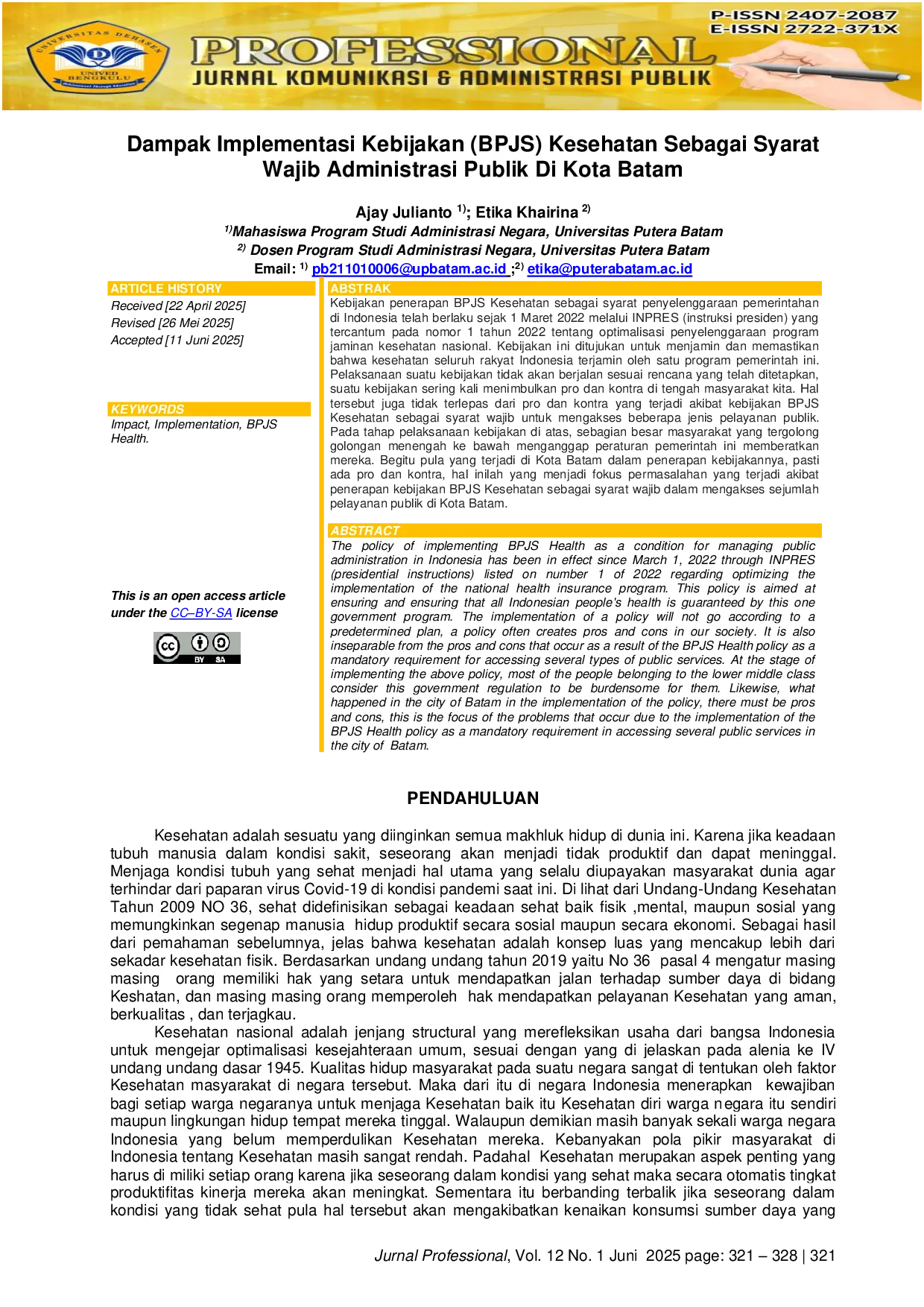 JURIS Dampak Implementasi Kebijakan BPJS Kesehatan Sebagai Syarat Wajib Administrasi Publik Di Kota Batam