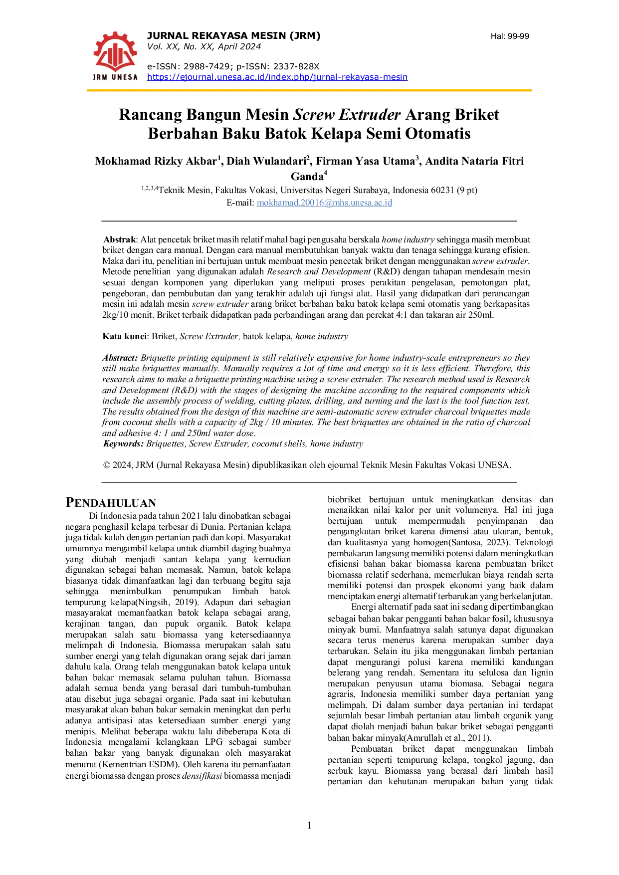 JURIS Rancang Bangun Mesin Screw Extruder Arang Briket Berbahan Baku Batok Kelapa Semi Otomatis