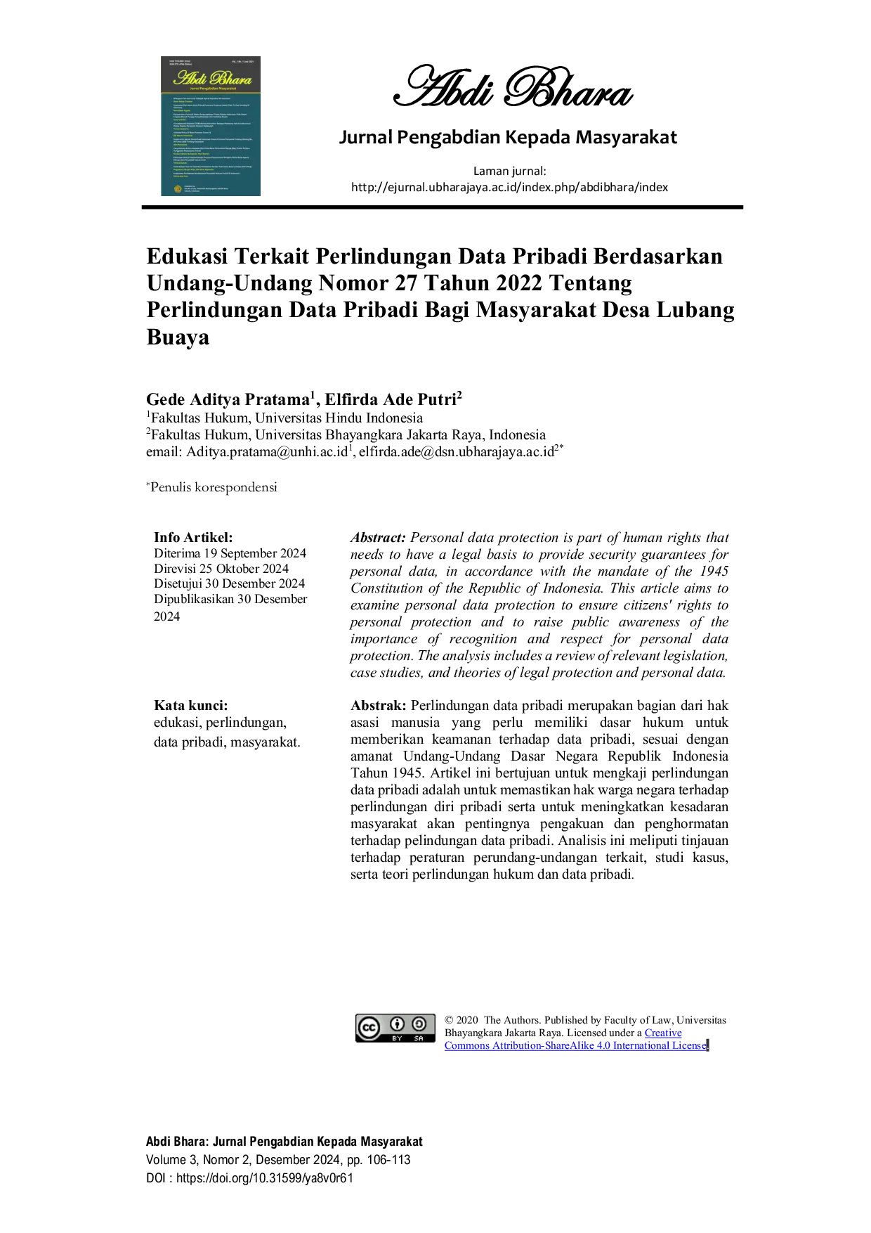 JURIS Edukasi Terkait Perlindungan Data Pribadi Berdasarkan Undang Undang Nomor 27 Tahun 2022 Tentang Perlindungan Data Pribadi Bagi Masyarakat Desa Lubang Buaya