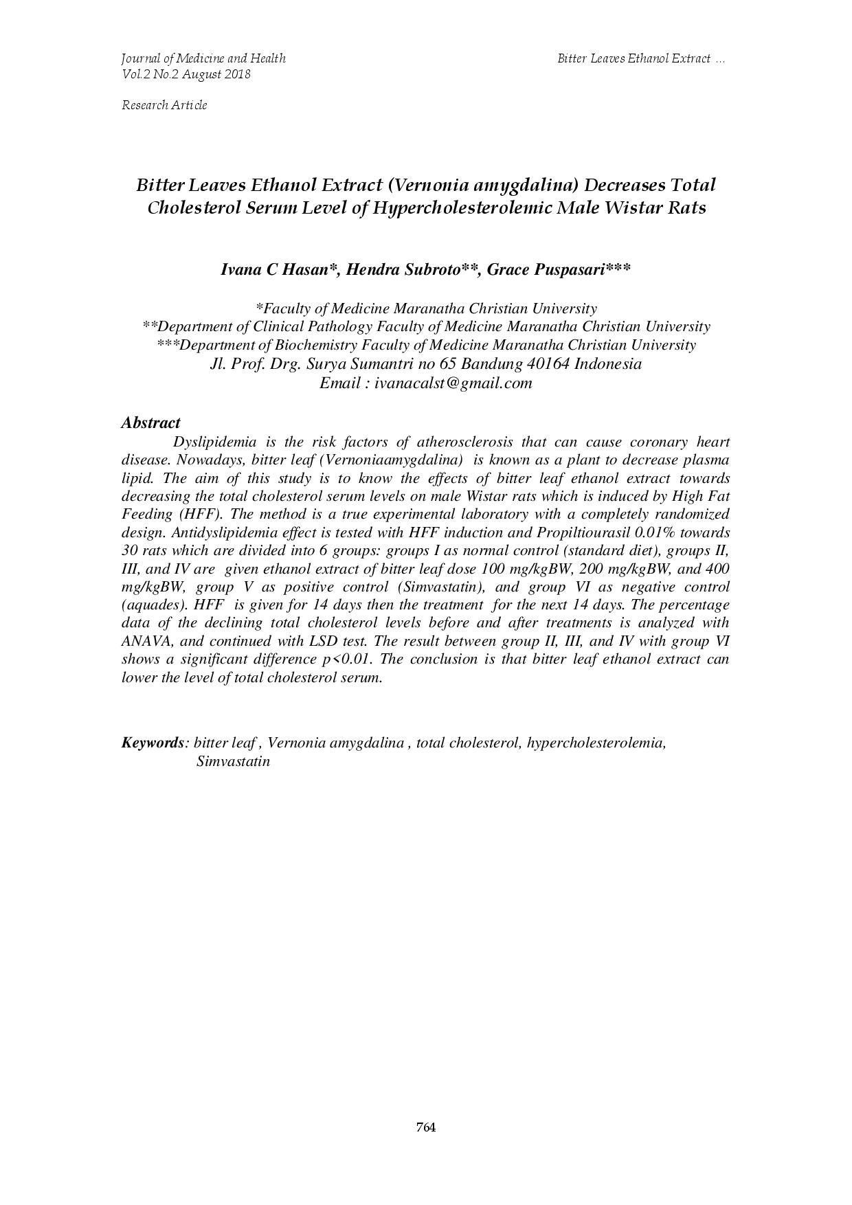 juris Bitter Leaves Ethanol Extract Vernonia amygdalina Decreases Total Cholesterol Serum Level of Hypercholesterolemic Male Wistar Rats