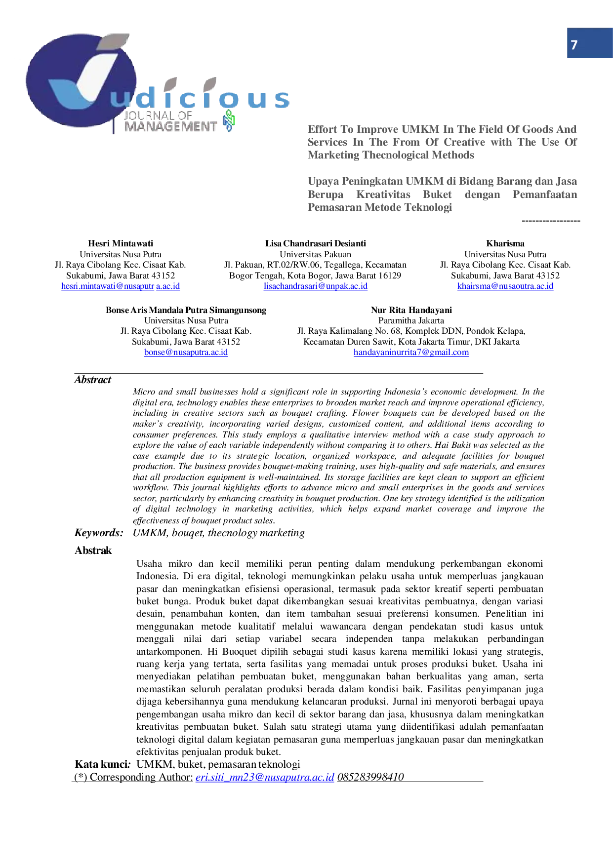 JURIS Effort To Improve UMKM In The Field Of Goods And Services In The From Of Creative With The Use Of Marketing Thecnological Methods