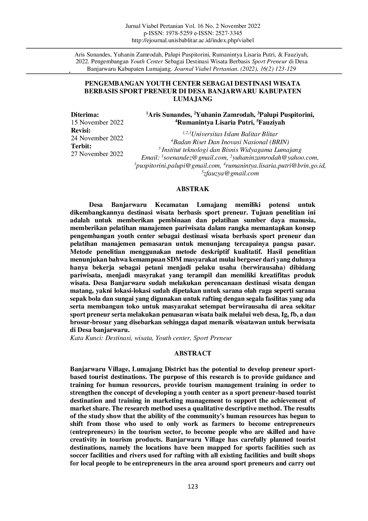 JURIS Pengembangan Youth Center Sebagai Destinasi Wisata Berbasis Sport Preneur Di Desa Banjarwaru Kabupaten Lumajang